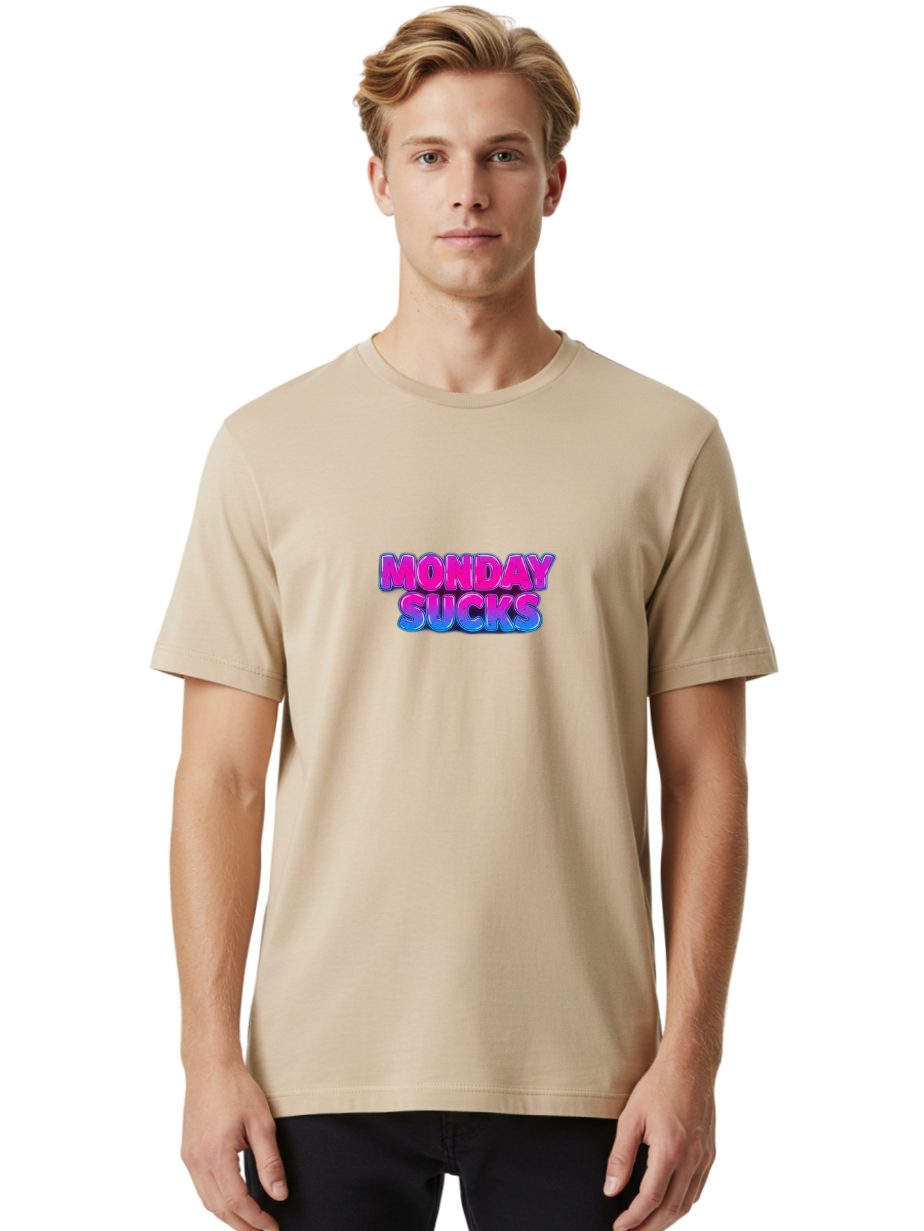 Monday-Sucks-1 Men'S Graphic Tee, 100% Cotton, Comfortable Casual Summer Wear, Machine Washable, Monday Motivation, Motivational Quote, Funny Meme, Humor, Sarcasm, Workweek Grind, Relief, Colorful Text, Pink, Blue, Gradient, Workplace Humor, Bae534