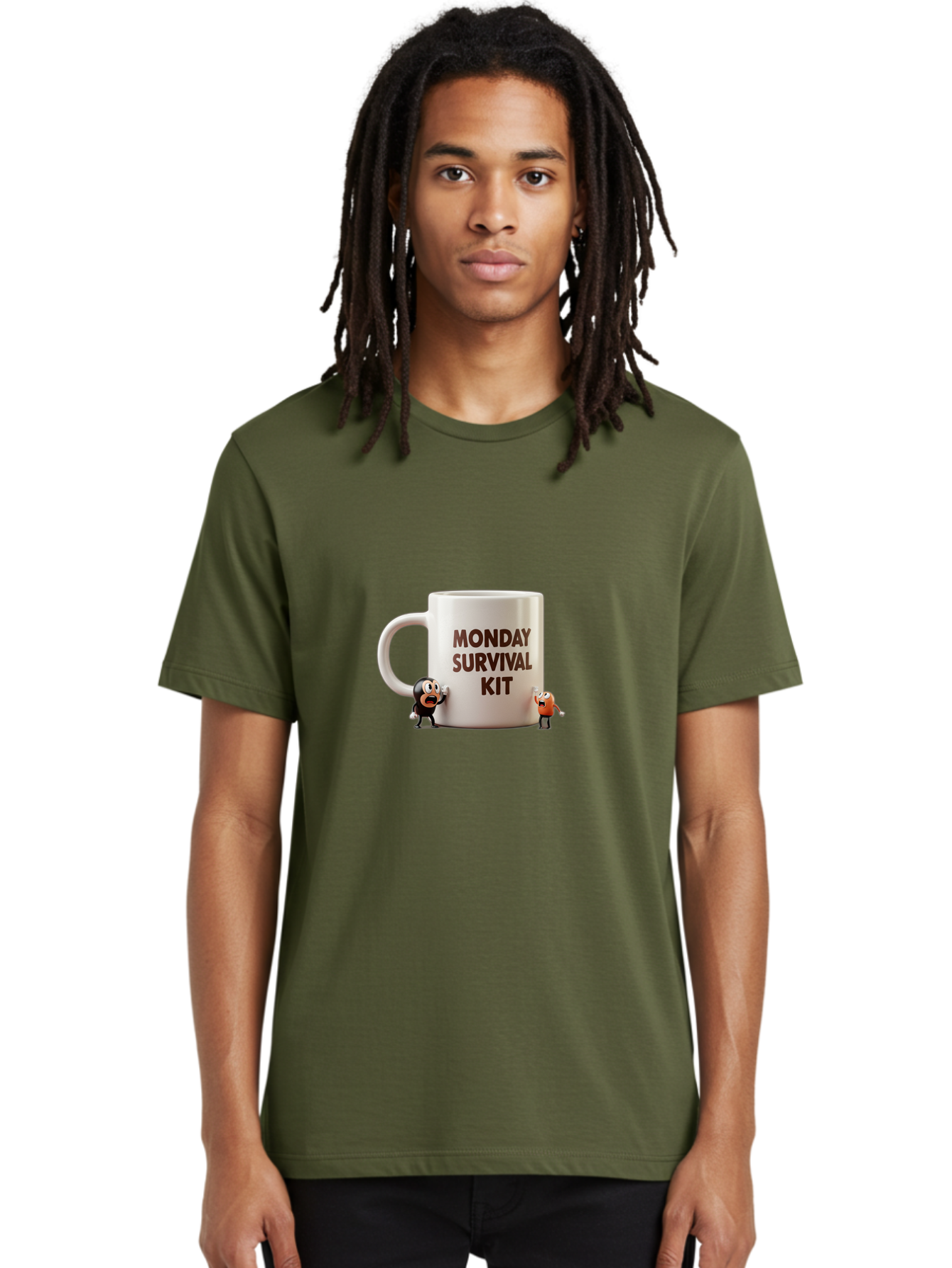 Monday-Survival-Kit-1 Men'S Graphic Tee, 100% Cotton, Comfortable Casual Summer Wear, Machine Washable, Coffee Mug, Monday Motivation, Survival Kit, Cartoon Characters, Humorous Design, Funny Coffee Cup, Quirky Illustration, Stress Relief Bae536