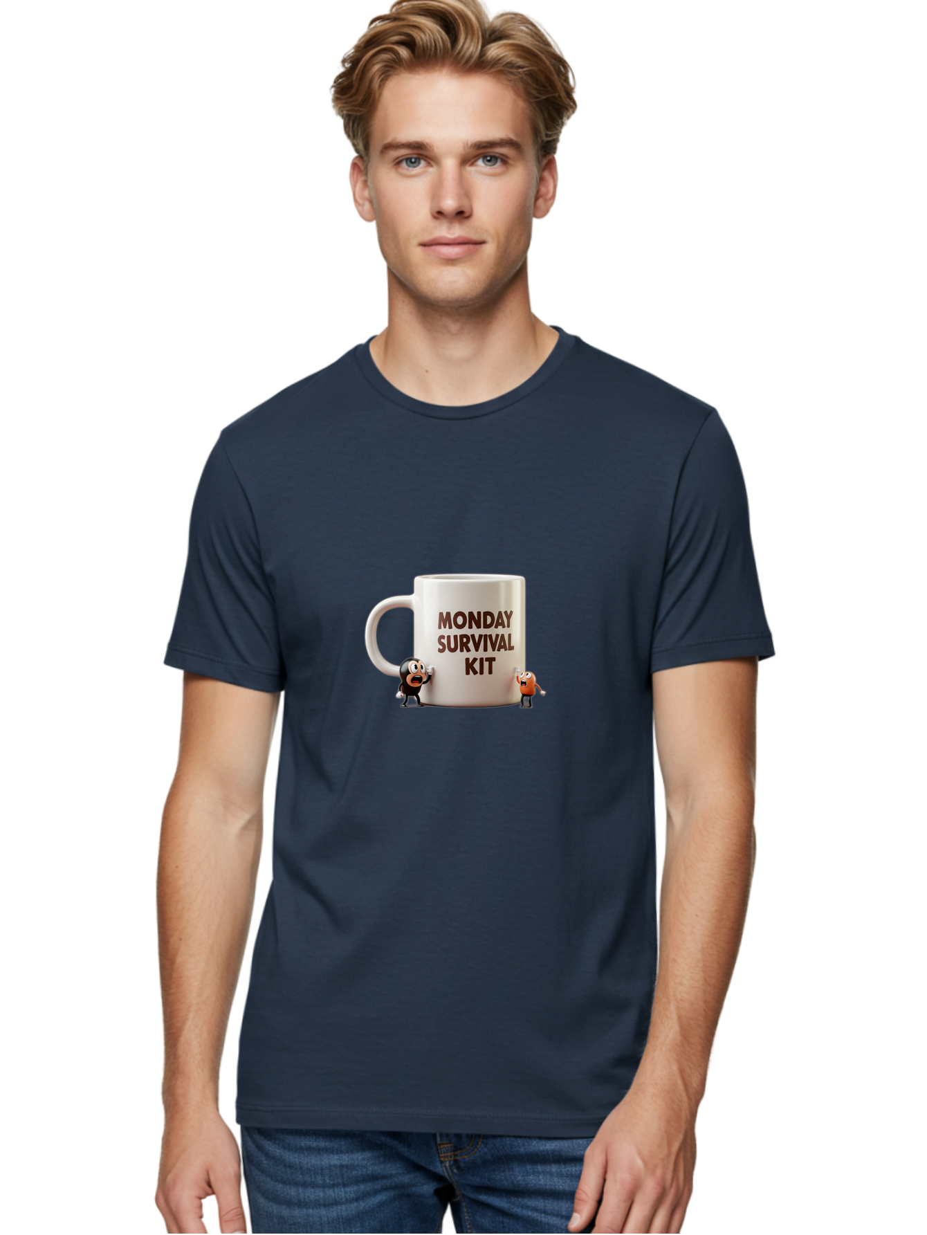 Monday-Survival-Kit-1 Men'S Graphic Tee, 100% Cotton, Comfortable Casual Summer Wear, Machine Washable, Coffee Mug, Monday Motivation, Survival Kit, Cartoon Characters, Humorous Design, Funny Coffee Cup, Quirky Illustration, Stress Relief Bae536