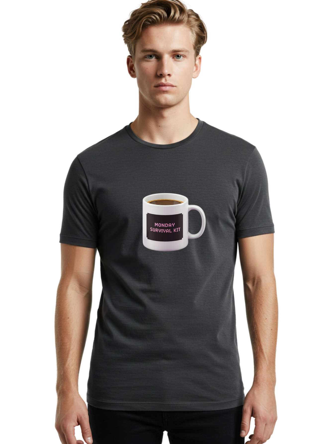 Monday-Survival-Kit-2 Men'S Graphic Tee, 100% Cotton, Comfortable Casual Summer Wear, Machine Washable, Coffee Mug, Monday Motivation, Survival Kit, Morning Coffee, Monday Blues, Funny Mug, Office Humor, Coworker Gift, Coffee Break Bae537