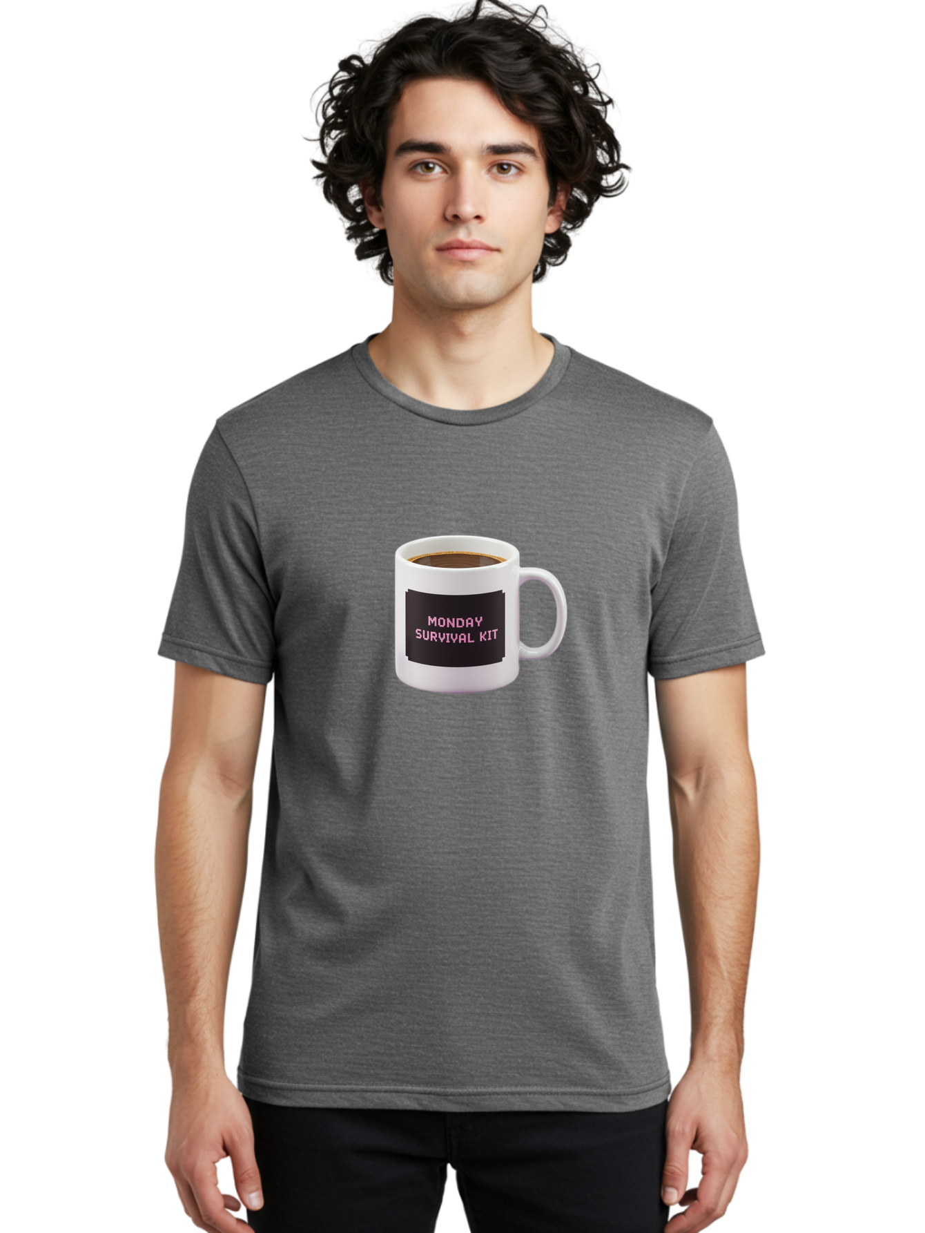 Monday-Survival-Kit-2 Men'S Graphic Tee, 100% Cotton, Comfortable Casual Summer Wear, Machine Washable, Coffee Mug, Monday Motivation, Survival Kit, Morning Coffee, Monday Blues, Funny Mug, Office Humor, Coworker Gift, Coffee Break Bae537