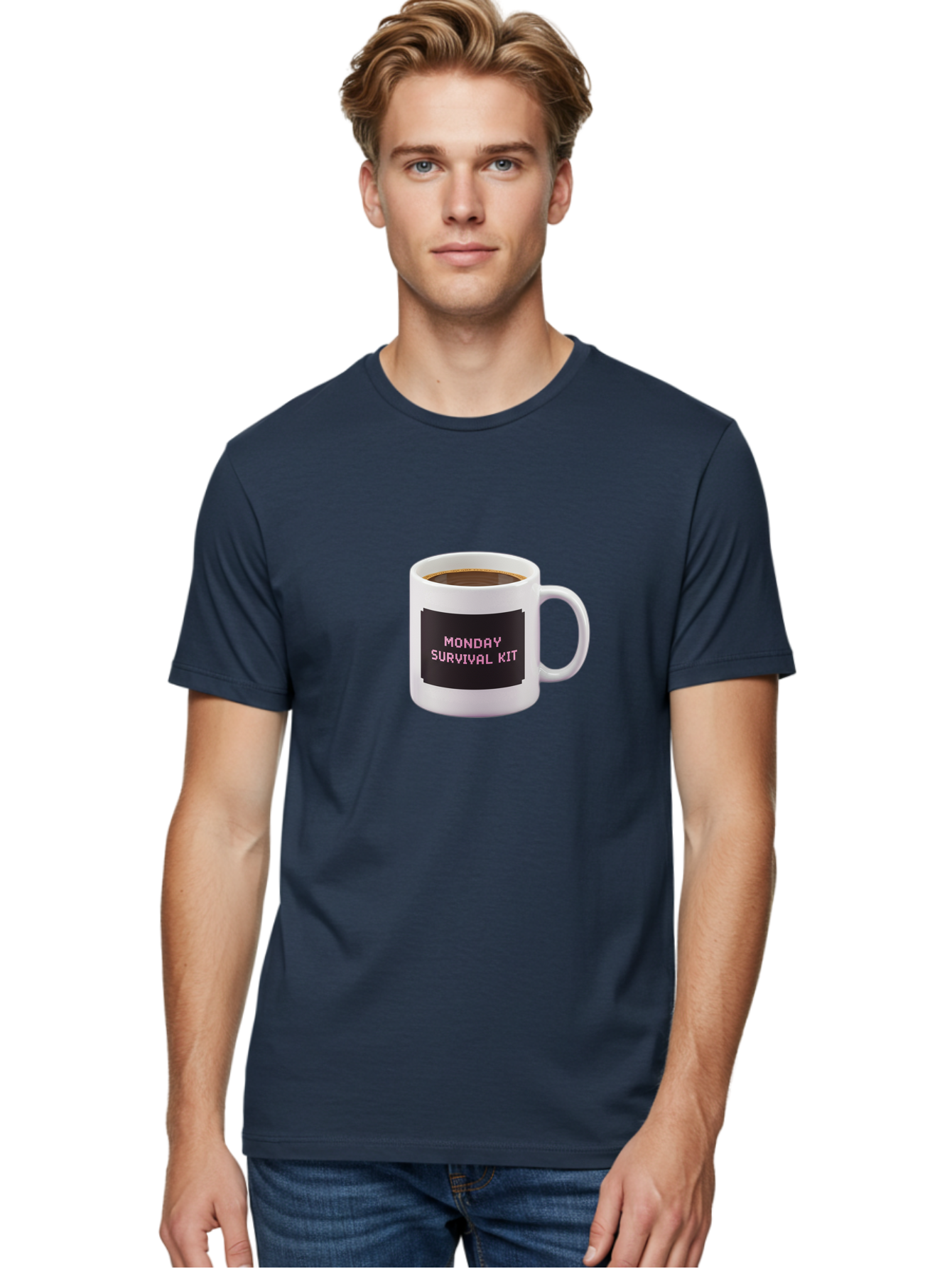 Monday-Survival-Kit-2 Men'S Graphic Tee, 100% Cotton, Comfortable Casual Summer Wear, Machine Washable, Coffee Mug, Monday Motivation, Survival Kit, Morning Coffee, Monday Blues, Funny Mug, Office Humor, Coworker Gift, Coffee Break Bae537