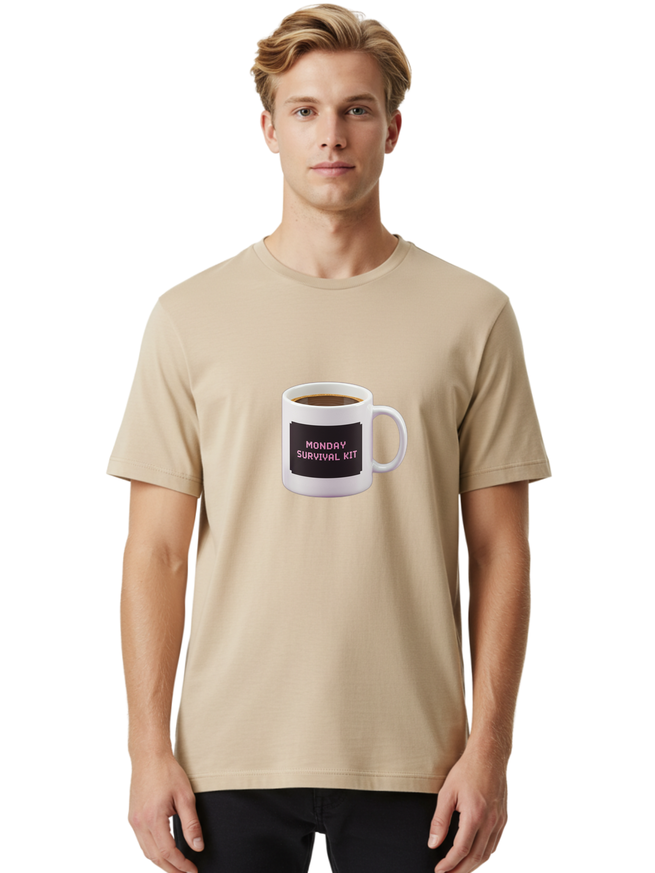 Monday-Survival-Kit-2 Men'S Graphic Tee, 100% Cotton, Comfortable Casual Summer Wear, Machine Washable, Coffee Mug, Monday Motivation, Survival Kit, Morning Coffee, Monday Blues, Funny Mug, Office Humor, Coworker Gift, Coffee Break Bae537
