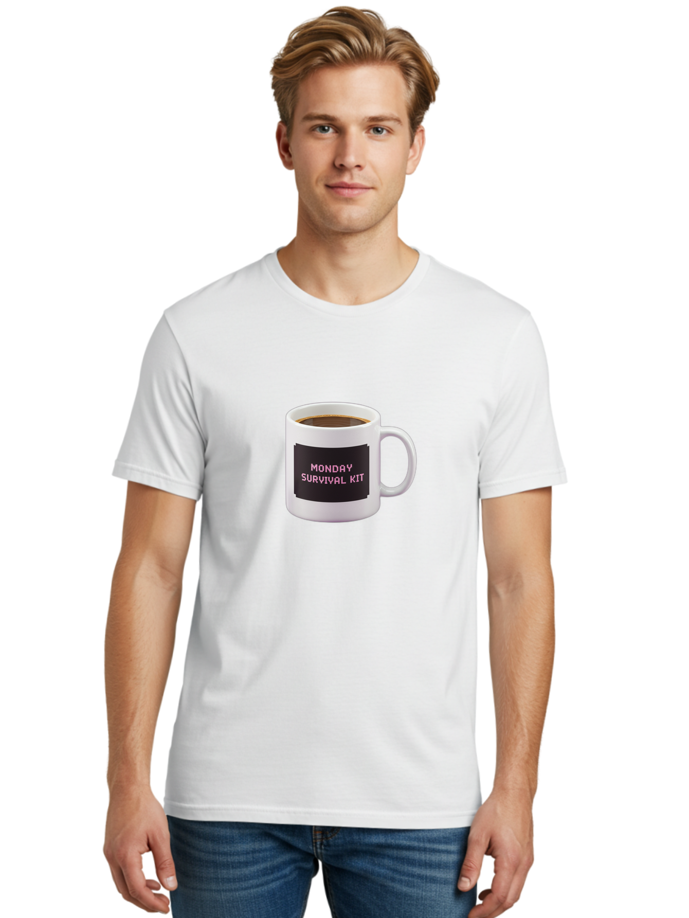 Monday-Survival-Kit-2 Men'S Graphic Tee, 100% Cotton, Comfortable Casual Summer Wear, Machine Washable, Coffee Mug, Monday Motivation, Survival Kit, Morning Coffee, Monday Blues, Funny Mug, Office Humor, Coworker Gift, Coffee Break Bae537