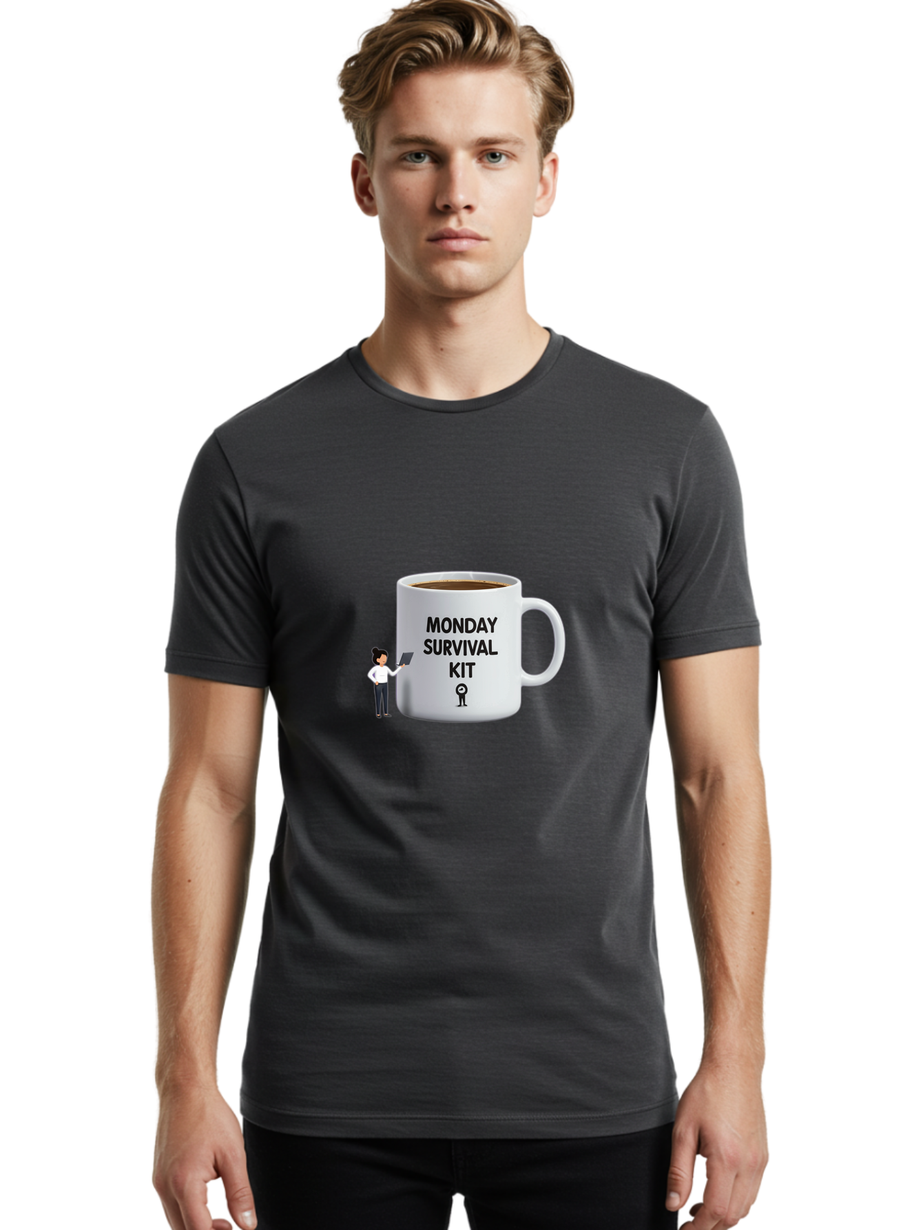 Monday-Survival-Kit Men'S Graphic Tee, 100% Cotton, Comfortable Casual Summer Wear, Machine Washable, Coffee Mug, Monday Motivation, Survival Kit, Morning Coffee, Coffee Break, Motivation, Morning Routine, Funny Coffee Mug, Office Humor, Bae538
