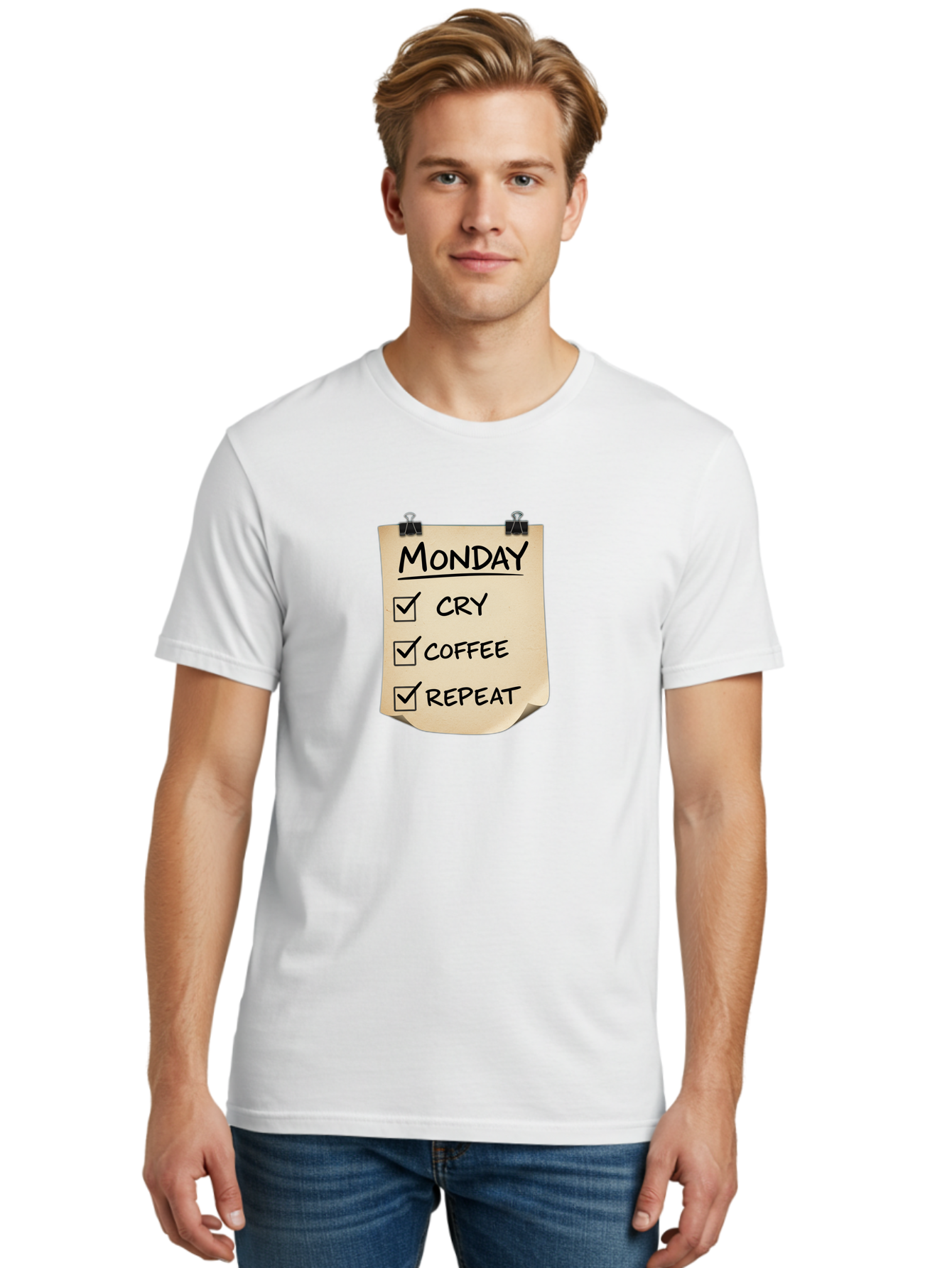Monday-To-Do-List-1 Men'S Graphic Tee, 100% Cotton, Comfortable Casual Summer Wear, Machine Washable, Monday Motivation, Funny To-Do List, Humor, Coffee Lover, Cry Coffee Repeat, Monday Blues, Motivational Quote, Monday Humor Bae539
