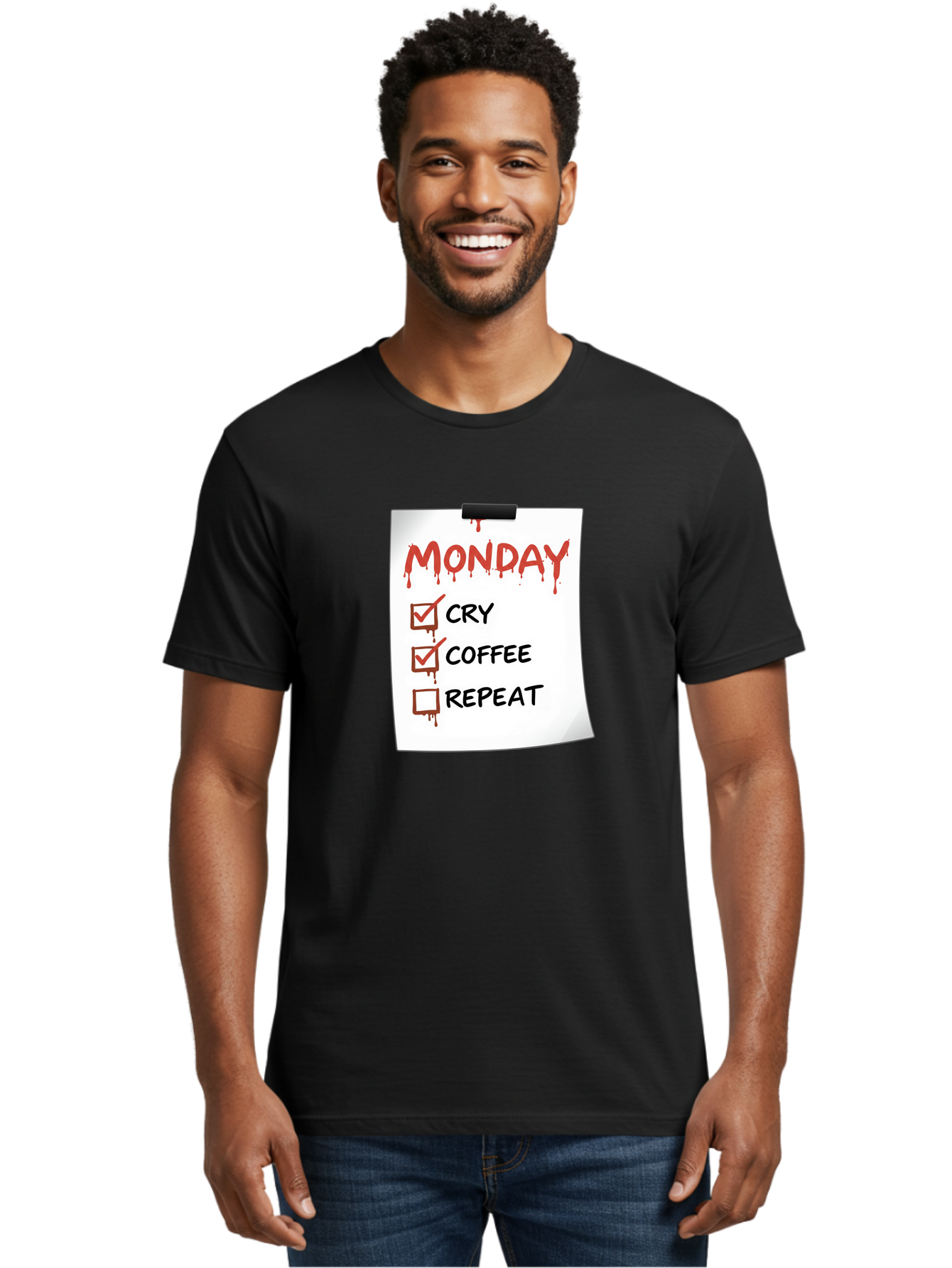 Monday-To-Do-List-2 Men'S Graphic Tee, 100% Cotton, Comfortable Casual Summer Wear, Machine Washable, Humorous To-Do List, Monday Blues, Cry, Coffee, Repeat, Funny Office Humor, Workplace Comedy, Blood Dripping Text, Checklist, Relatable Meme Bae540