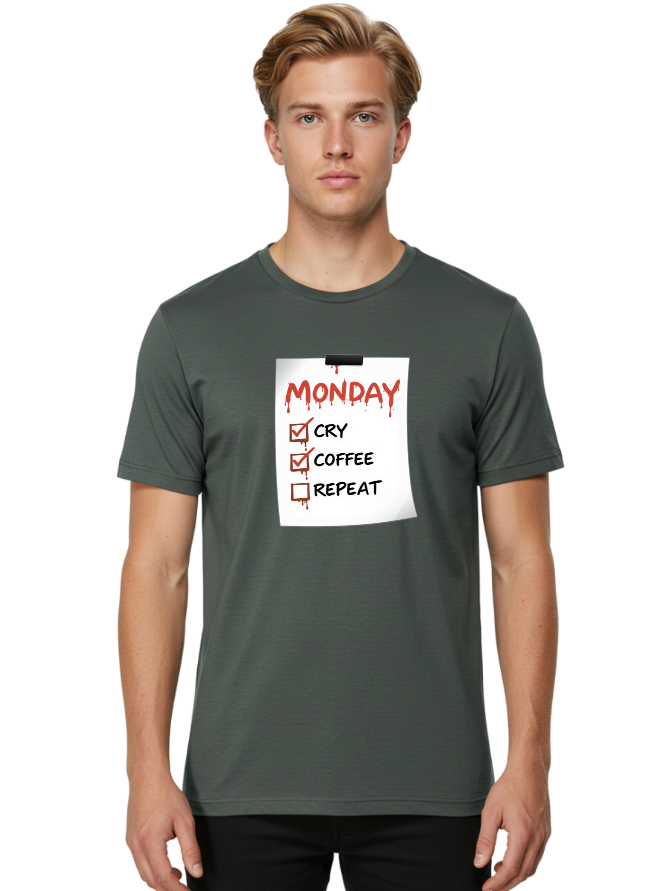 Monday-To-Do-List-2 Men'S Graphic Tee, 100% Cotton, Comfortable Casual Summer Wear, Machine Washable, Humorous To-Do List, Monday Blues, Cry, Coffee, Repeat, Funny Office Humor, Workplace Comedy, Blood Dripping Text, Checklist, Relatable Meme Bae540
