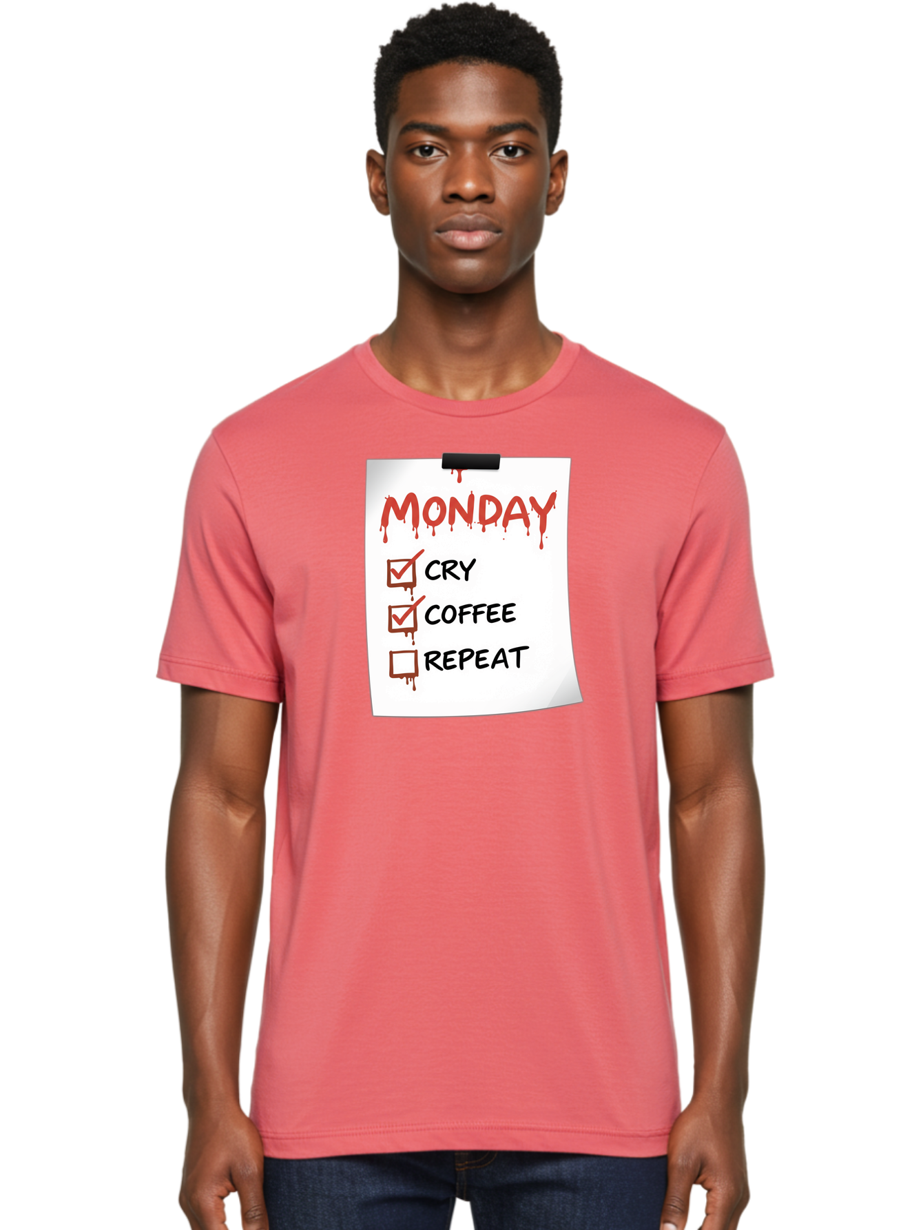 Monday-To-Do-List-2 Men'S Graphic Tee, 100% Cotton, Comfortable Casual Summer Wear, Machine Washable, Humorous To-Do List, Monday Blues, Cry, Coffee, Repeat, Funny Office Humor, Workplace Comedy, Blood Dripping Text, Checklist, Relatable Meme Bae540
