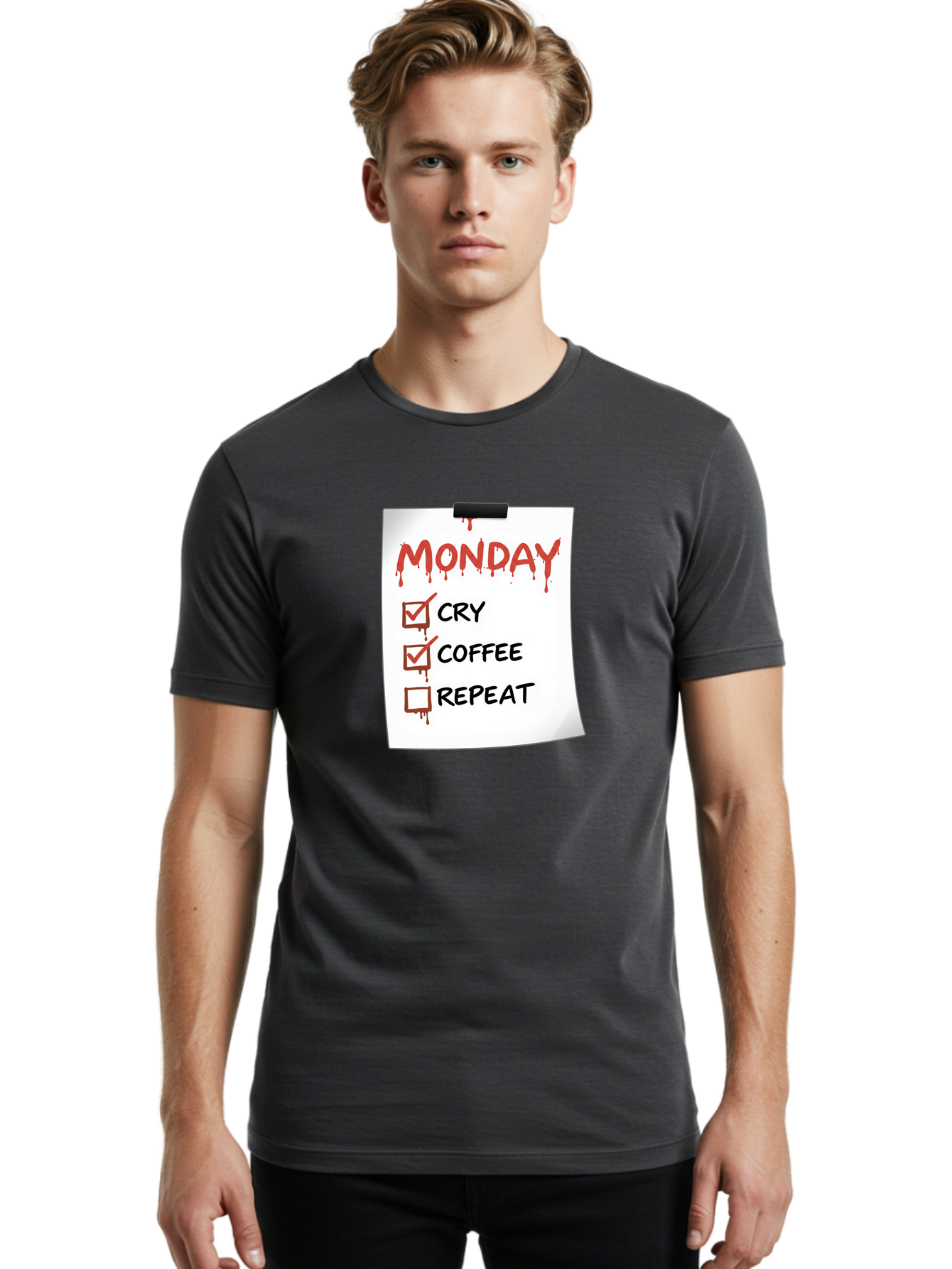 Monday-To-Do-List-2 Men'S Graphic Tee, 100% Cotton, Comfortable Casual Summer Wear, Machine Washable, Humorous To-Do List, Monday Blues, Cry, Coffee, Repeat, Funny Office Humor, Workplace Comedy, Blood Dripping Text, Checklist, Relatable Meme Bae540