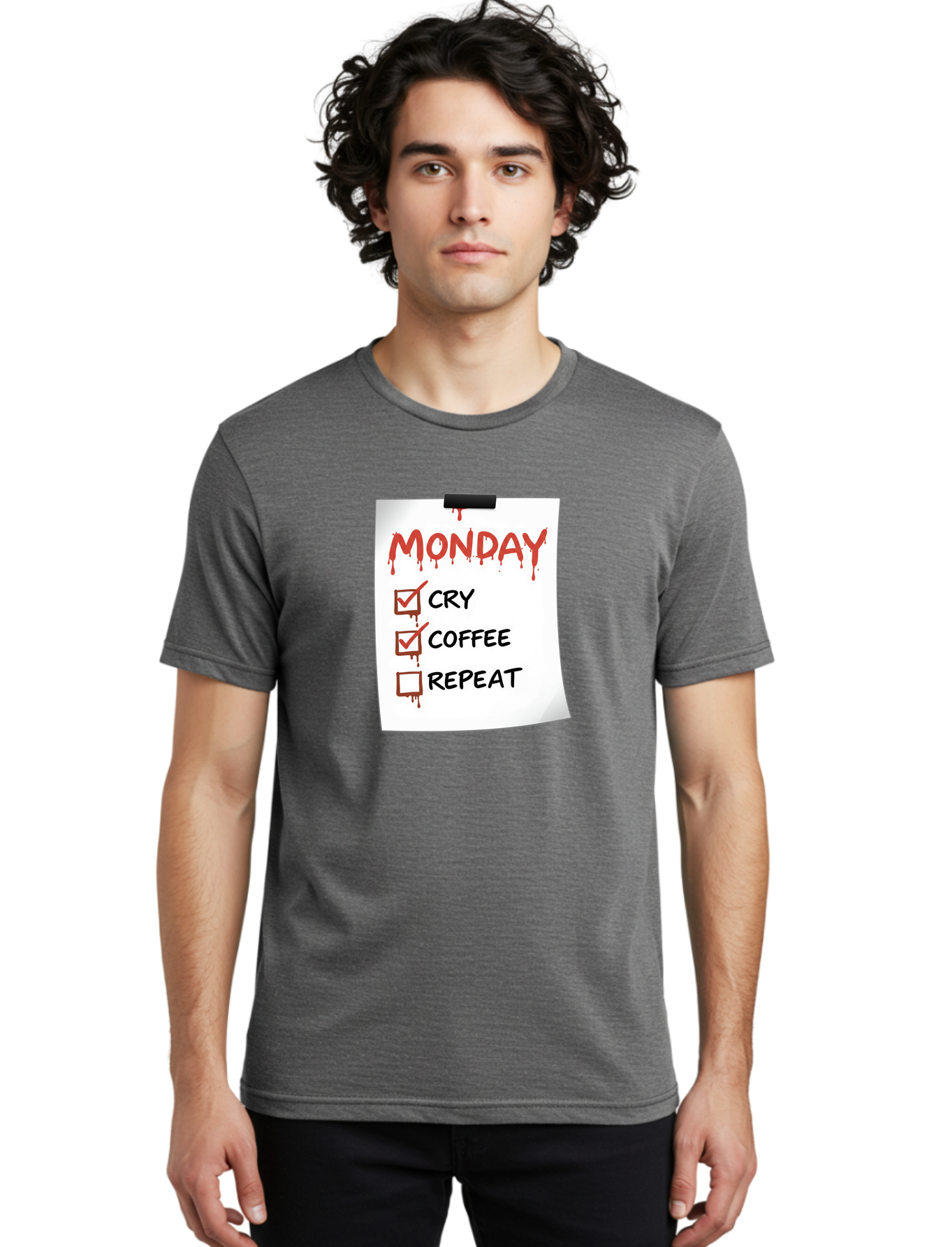 Monday-To-Do-List-2 Men'S Graphic Tee, 100% Cotton, Comfortable Casual Summer Wear, Machine Washable, Humorous To-Do List, Monday Blues, Cry, Coffee, Repeat, Funny Office Humor, Workplace Comedy, Blood Dripping Text, Checklist, Relatable Meme Bae540
