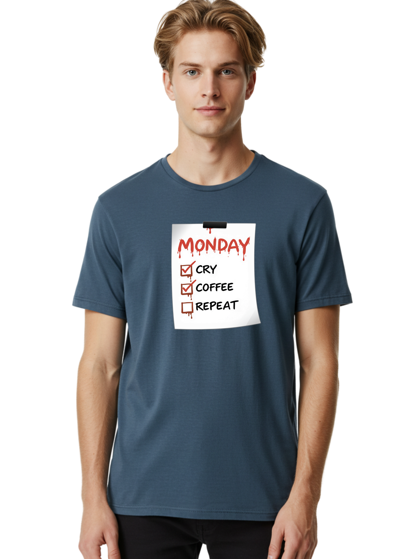 Monday-To-Do-List-2 Men'S Graphic Tee, 100% Cotton, Comfortable Casual Summer Wear, Machine Washable, Humorous To-Do List, Monday Blues, Cry, Coffee, Repeat, Funny Office Humor, Workplace Comedy, Blood Dripping Text, Checklist, Relatable Meme Bae540