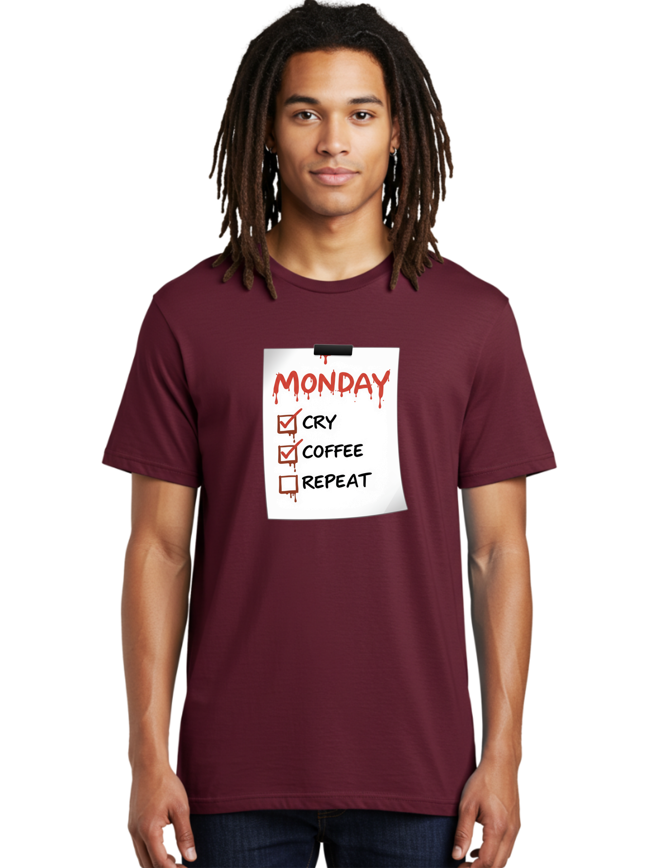 Monday-To-Do-List-2 Men'S Graphic Tee, 100% Cotton, Comfortable Casual Summer Wear, Machine Washable, Humorous To-Do List, Monday Blues, Cry, Coffee, Repeat, Funny Office Humor, Workplace Comedy, Blood Dripping Text, Checklist, Relatable Meme Bae540