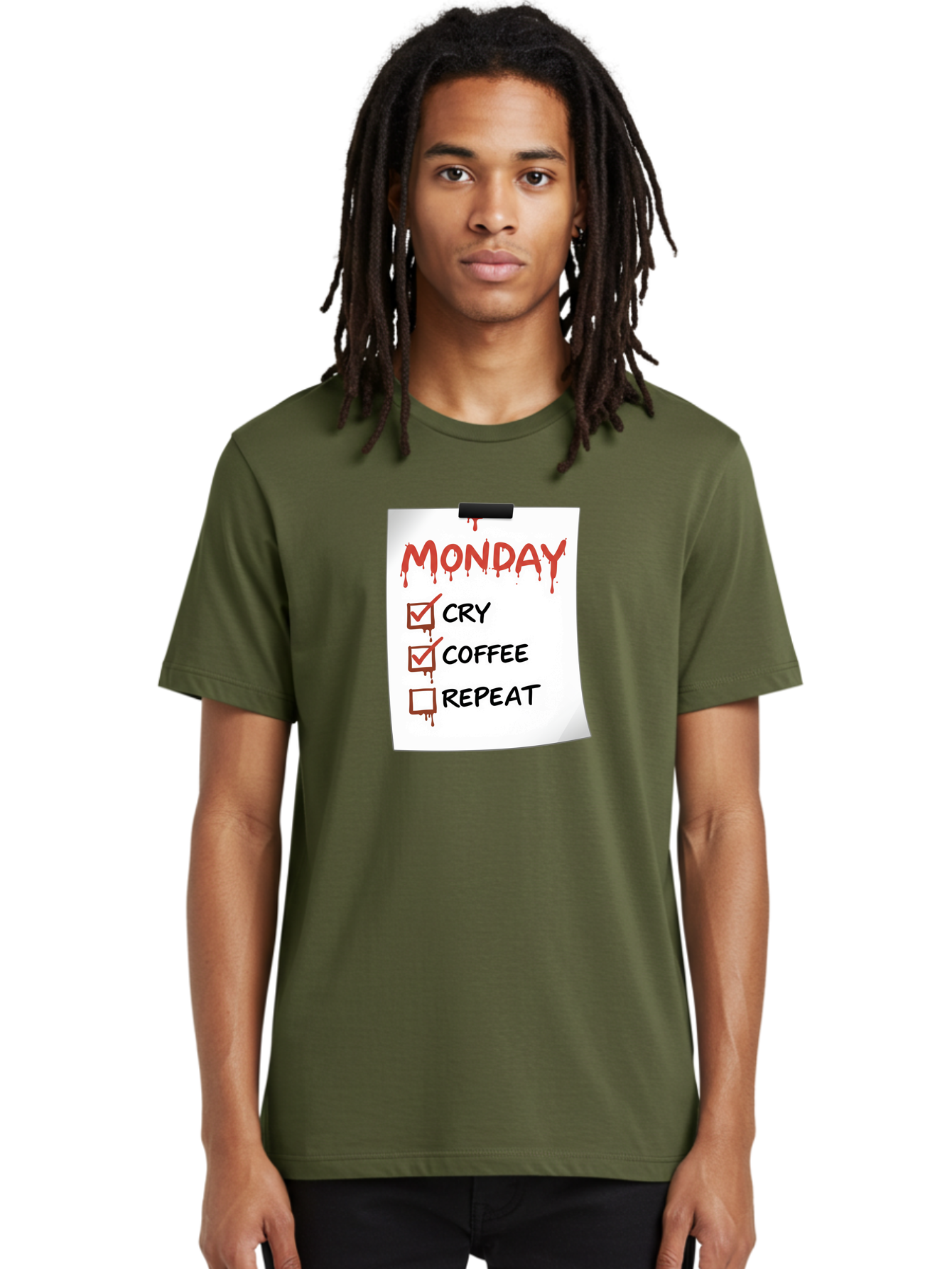 Monday-To-Do-List-2 Men'S Graphic Tee, 100% Cotton, Comfortable Casual Summer Wear, Machine Washable, Humorous To-Do List, Monday Blues, Cry, Coffee, Repeat, Funny Office Humor, Workplace Comedy, Blood Dripping Text, Checklist, Relatable Meme Bae540