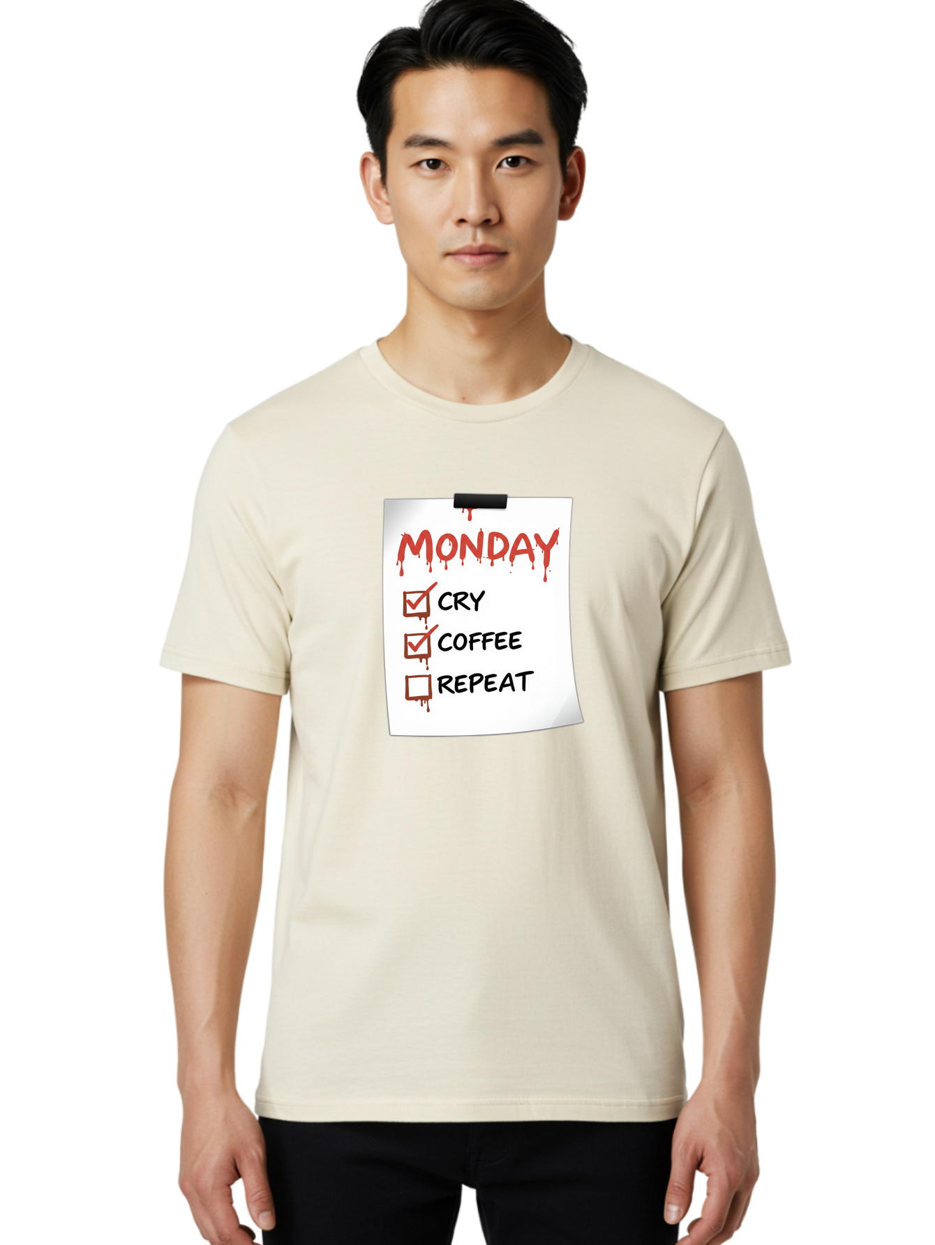 Monday-To-Do-List-2 Men'S Graphic Tee, 100% Cotton, Comfortable Casual Summer Wear, Machine Washable, Humorous To-Do List, Monday Blues, Cry, Coffee, Repeat, Funny Office Humor, Workplace Comedy, Blood Dripping Text, Checklist, Relatable Meme Bae540
