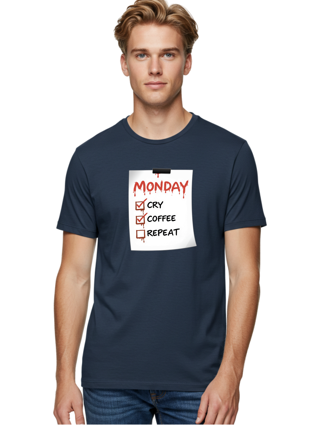 Monday-To-Do-List-2 Men'S Graphic Tee, 100% Cotton, Comfortable Casual Summer Wear, Machine Washable, Humorous To-Do List, Monday Blues, Cry, Coffee, Repeat, Funny Office Humor, Workplace Comedy, Blood Dripping Text, Checklist, Relatable Meme Bae540