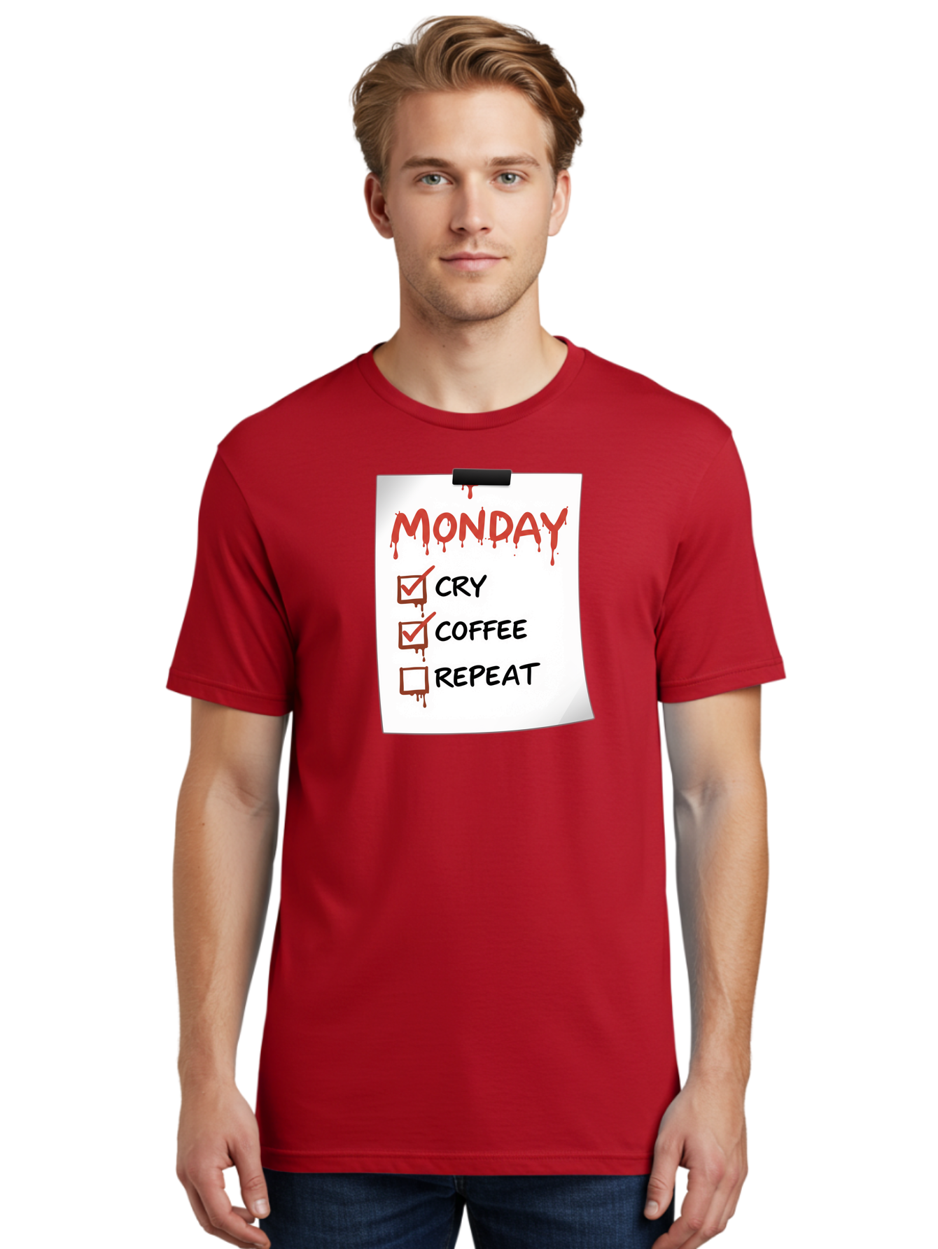 Monday-To-Do-List-2 Men'S Graphic Tee, 100% Cotton, Comfortable Casual Summer Wear, Machine Washable, Humorous To-Do List, Monday Blues, Cry, Coffee, Repeat, Funny Office Humor, Workplace Comedy, Blood Dripping Text, Checklist, Relatable Meme Bae540