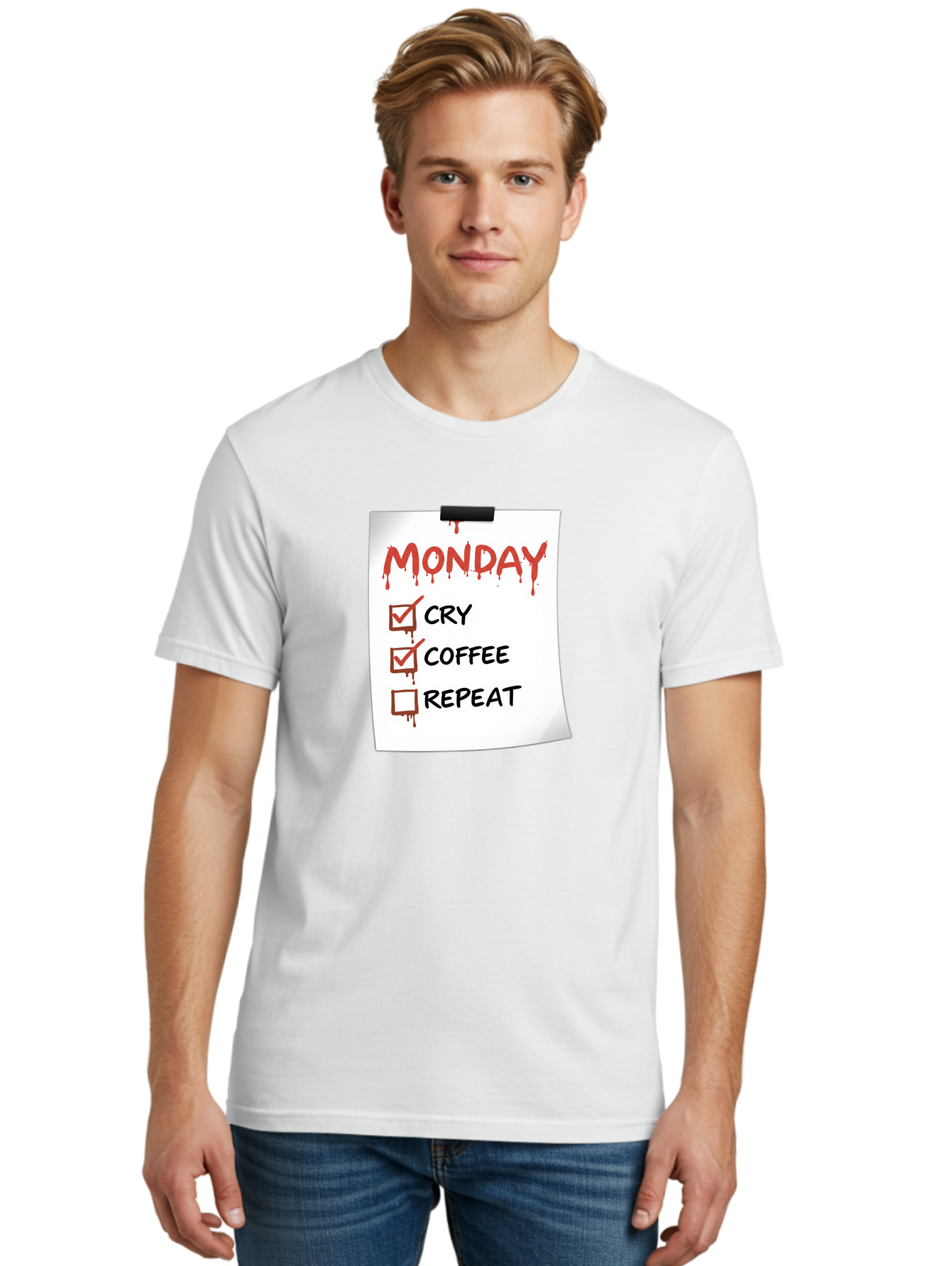 Monday-To-Do-List-2 Men'S Graphic Tee, 100% Cotton, Comfortable Casual Summer Wear, Machine Washable, Humorous To-Do List, Monday Blues, Cry, Coffee, Repeat, Funny Office Humor, Workplace Comedy, Blood Dripping Text, Checklist, Relatable Meme Bae540