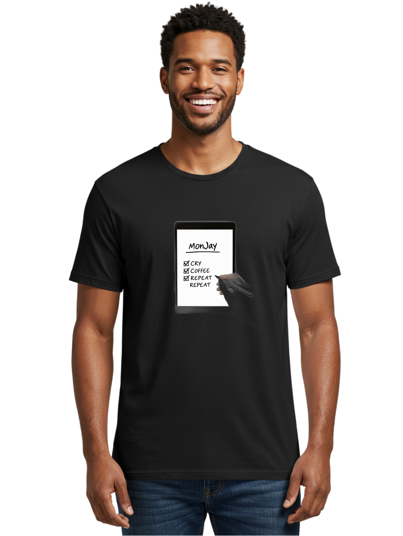 Monday-To-Do-List Men'S Graphic Tee, 100% Cotton, Comfortable Casual Summer Wear, Machine Washable, Monday To-Do List, Humorously Writing Task, Cry, Coffee, Repeat, Morning Routine Tasks, Checklist, Productivity, Task Management, Funny, Bae541