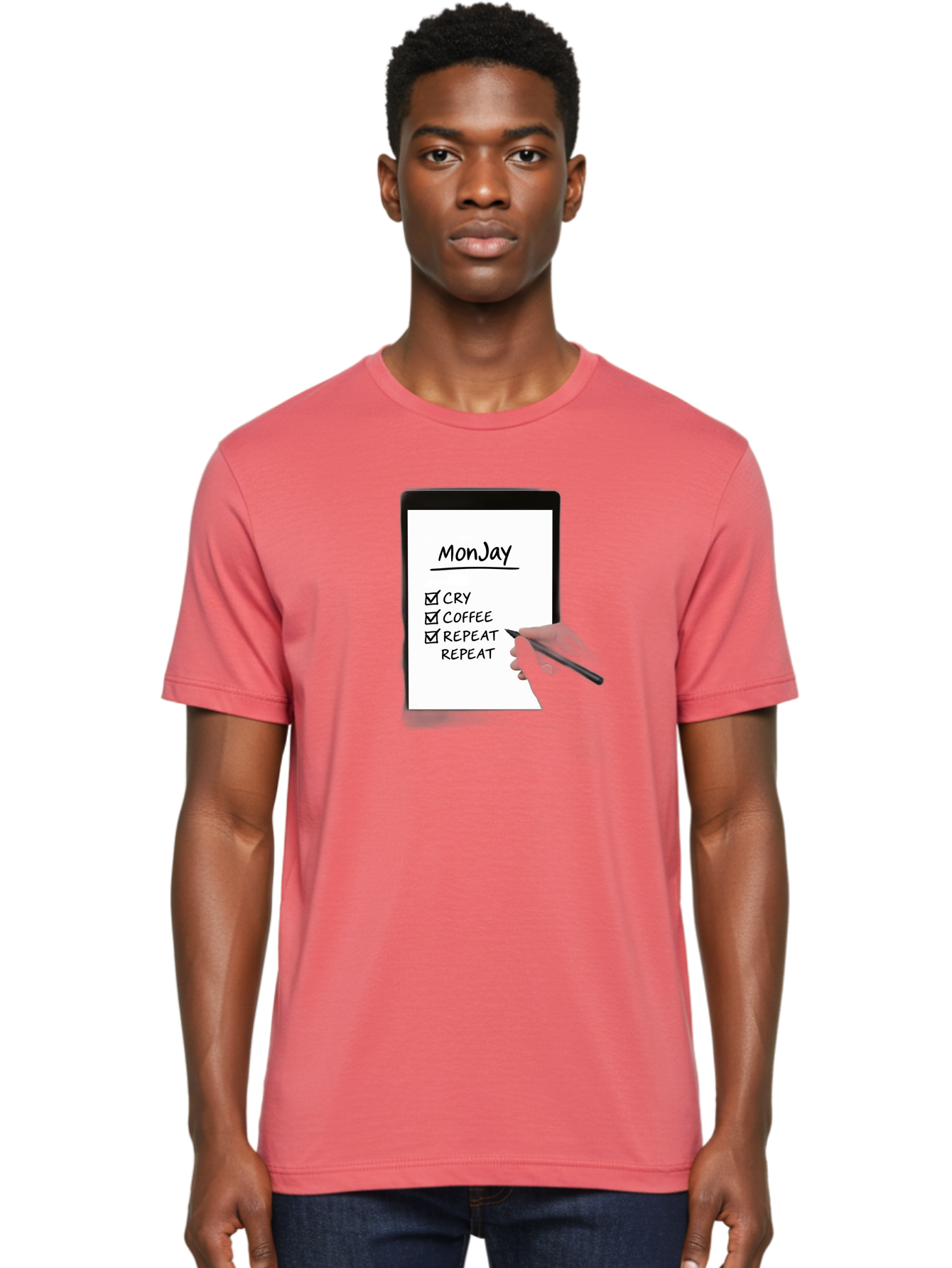 Monday-To-Do-List Men'S Graphic Tee, 100% Cotton, Comfortable Casual Summer Wear, Machine Washable, Monday To-Do List, Humorously Writing Task, Cry, Coffee, Repeat, Morning Routine Tasks, Checklist, Productivity, Task Management, Funny, Bae541