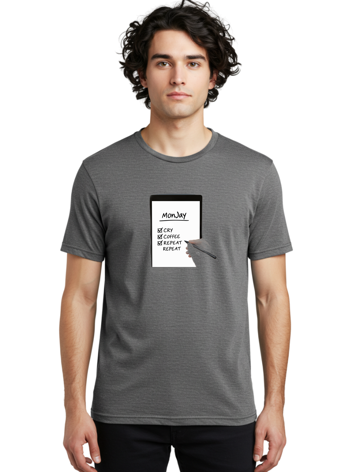 Monday-To-Do-List Men'S Graphic Tee, 100% Cotton, Comfortable Casual Summer Wear, Machine Washable, Monday To-Do List, Humorously Writing Task, Cry, Coffee, Repeat, Morning Routine Tasks, Checklist, Productivity, Task Management, Funny, Bae541
