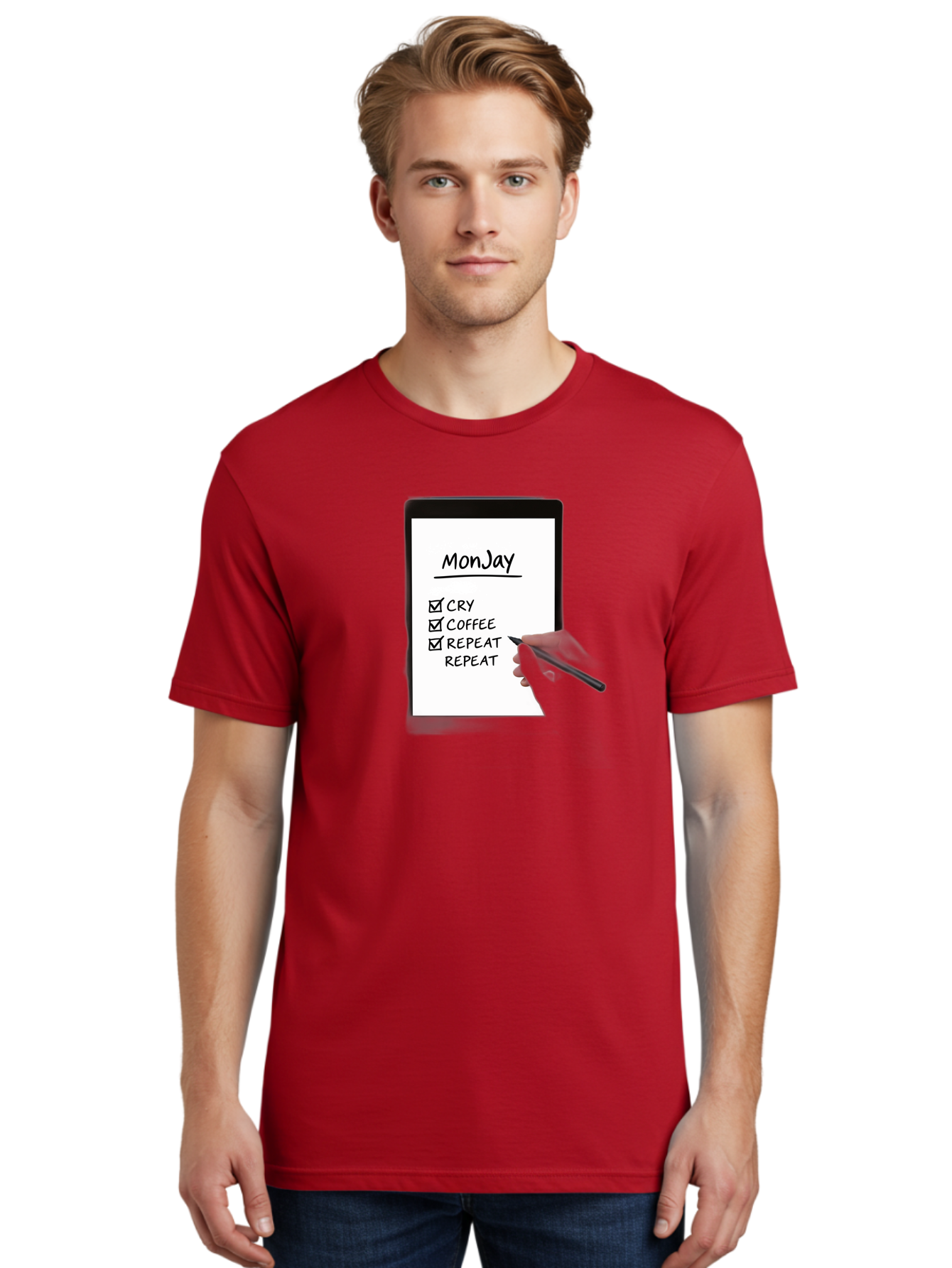 Monday-To-Do-List Men'S Graphic Tee, 100% Cotton, Comfortable Casual Summer Wear, Machine Washable, Monday To-Do List, Humorously Writing Task, Cry, Coffee, Repeat, Morning Routine Tasks, Checklist, Productivity, Task Management, Funny, Bae541