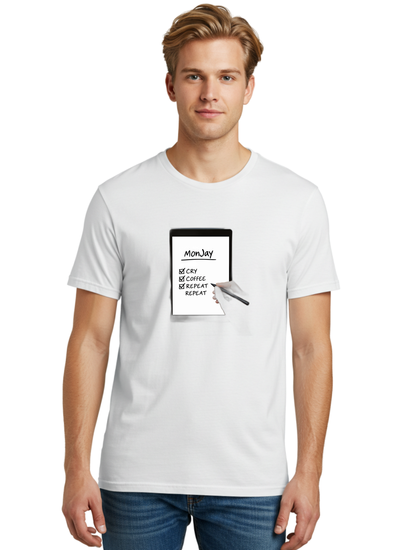 Monday-To-Do-List Men'S Graphic Tee, 100% Cotton, Comfortable Casual Summer Wear, Machine Washable, Monday To-Do List, Humorously Writing Task, Cry, Coffee, Repeat, Morning Routine Tasks, Checklist, Productivity, Task Management, Funny, Bae541