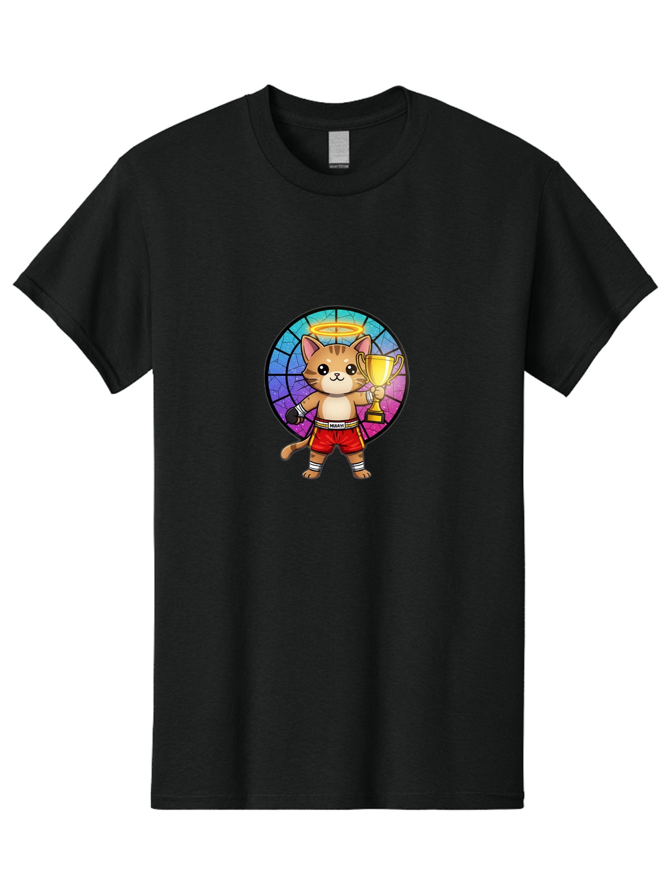 Muay-Cat-1 Men'S Graphic Tee, 100% Cotton, Comfortable Casual Summer Wear, Machine Washable, Cartoon Cat, Muay Thai Fighter, Gold Trophy, Boxing Gloves, Red Shorts, Champion, Victorious, Stained Glass, Halo, Whimsical Design, Funny Kitty, Bae544
