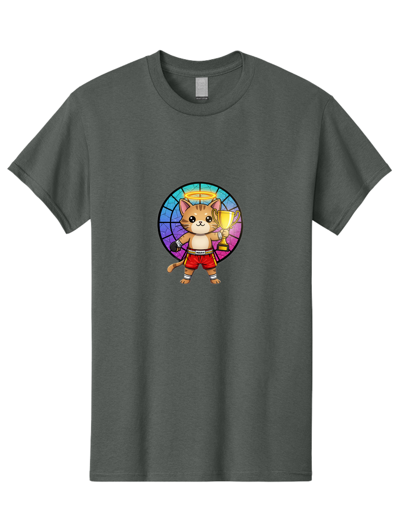 Muay-Cat-1 Men'S Graphic Tee, 100% Cotton, Comfortable Casual Summer Wear, Machine Washable, Cartoon Cat, Muay Thai Fighter, Gold Trophy, Boxing Gloves, Red Shorts, Champion, Victorious, Stained Glass, Halo, Whimsical Design, Funny Kitty, Bae544