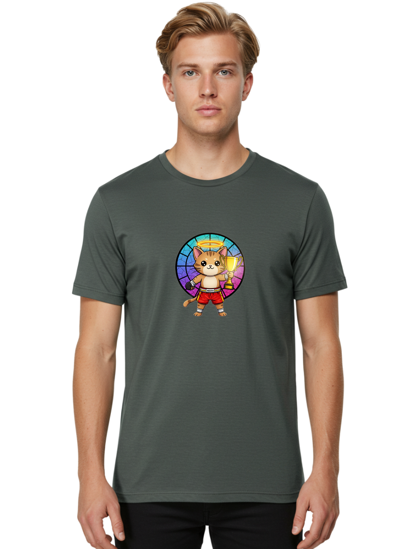 Muay-Cat-1 Men'S Graphic Tee, 100% Cotton, Comfortable Casual Summer Wear, Machine Washable, Cartoon Cat, Muay Thai Fighter, Gold Trophy, Boxing Gloves, Red Shorts, Champion, Victorious, Stained Glass, Halo, Whimsical Design, Funny Kitty, Bae544