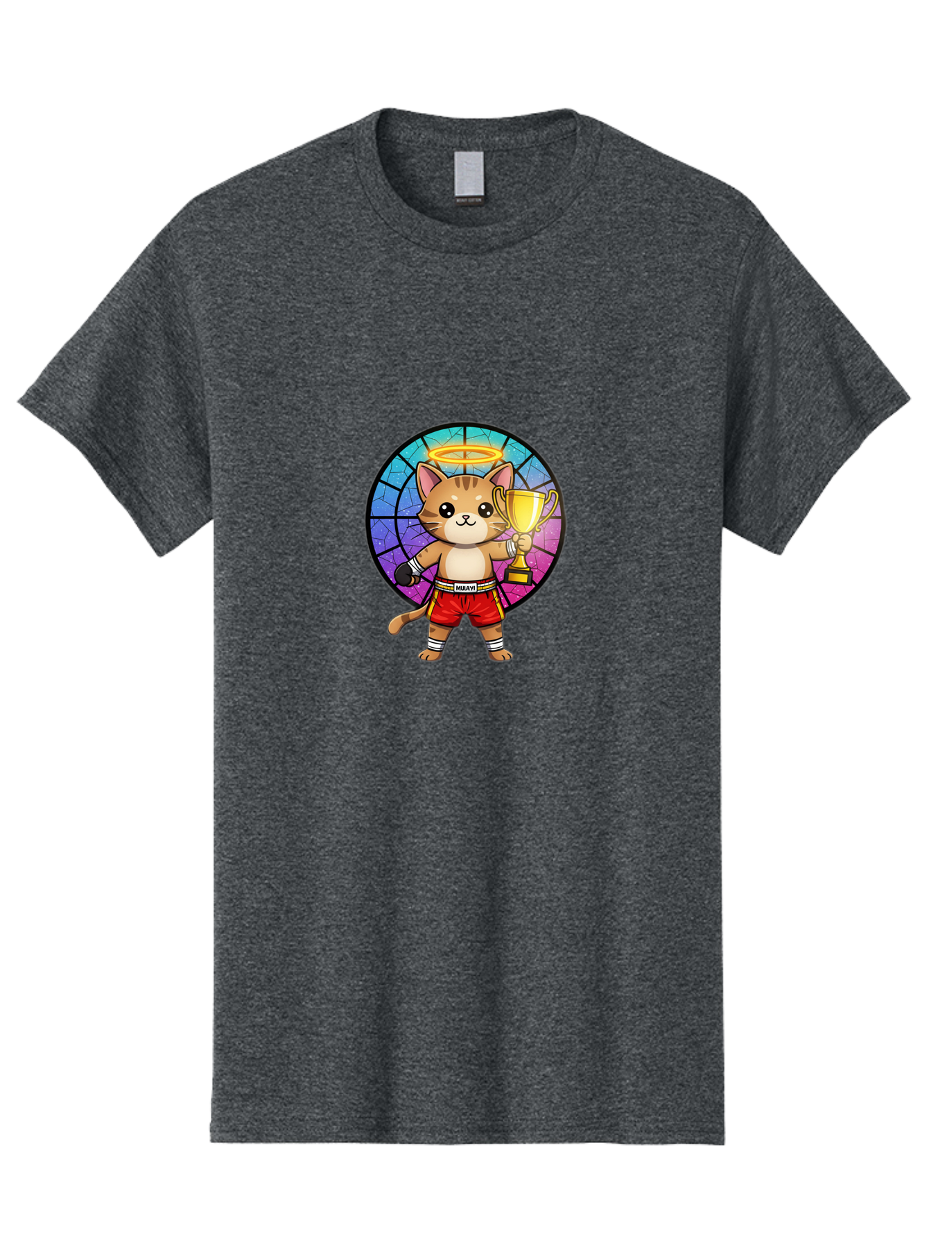 Muay-Cat-1 Men'S Graphic Tee, 100% Cotton, Comfortable Casual Summer Wear, Machine Washable, Cartoon Cat, Muay Thai Fighter, Gold Trophy, Boxing Gloves, Red Shorts, Champion, Victorious, Stained Glass, Halo, Whimsical Design, Funny Kitty, Bae544