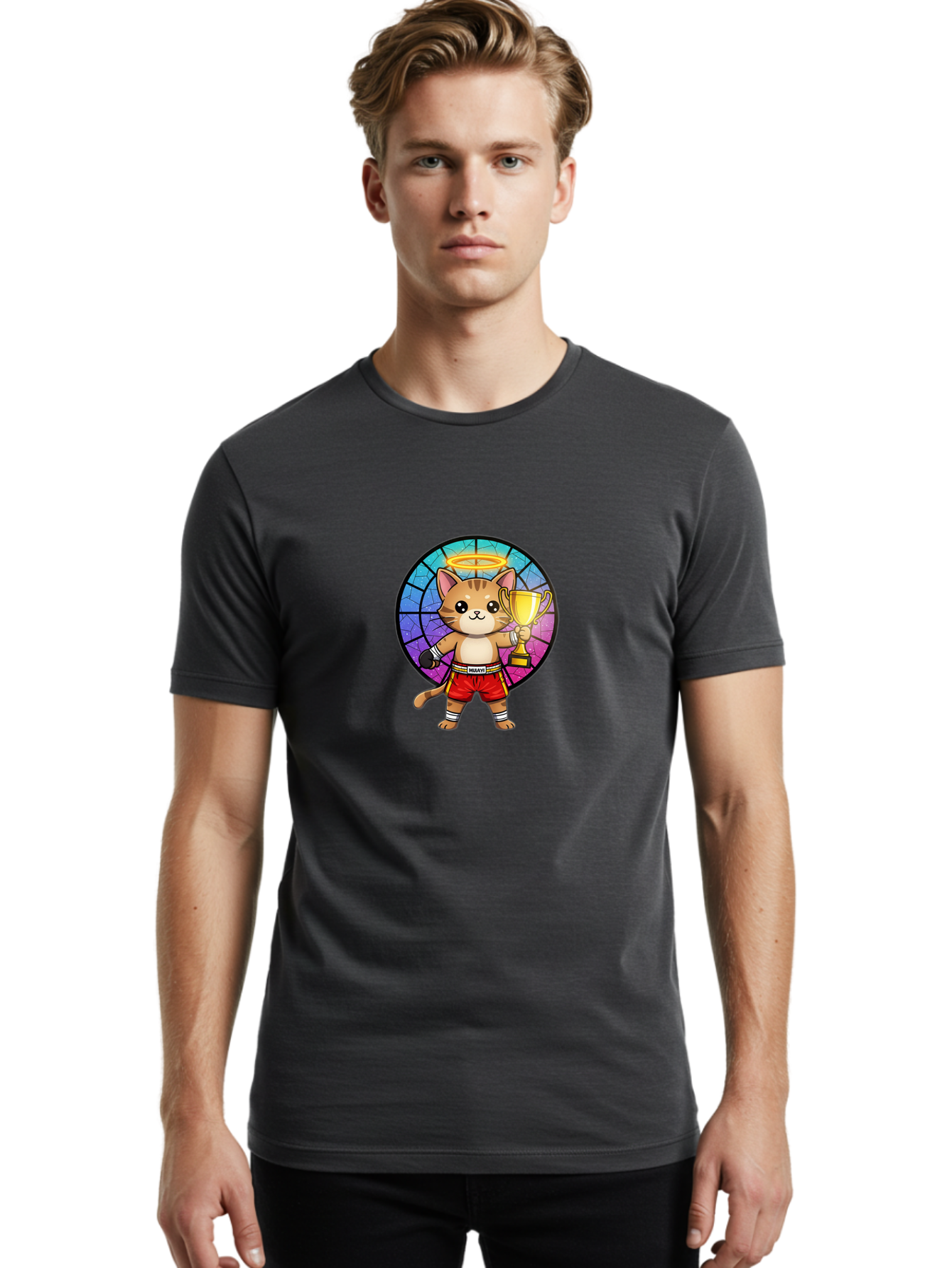 Muay-Cat-1 Men'S Graphic Tee, 100% Cotton, Comfortable Casual Summer Wear, Machine Washable, Cartoon Cat, Muay Thai Fighter, Gold Trophy, Boxing Gloves, Red Shorts, Champion, Victorious, Stained Glass, Halo, Whimsical Design, Funny Kitty, Bae544
