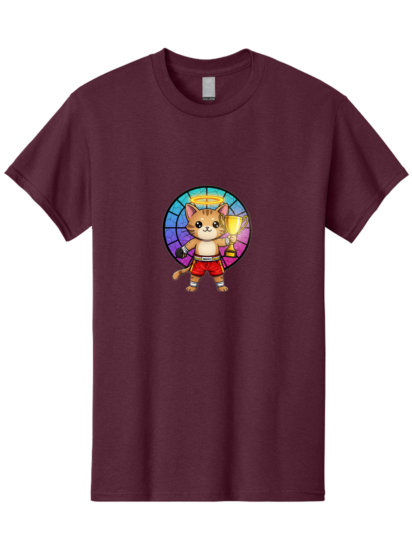 Muay-Cat-1 Men'S Graphic Tee, 100% Cotton, Comfortable Casual Summer Wear, Machine Washable, Cartoon Cat, Muay Thai Fighter, Gold Trophy, Boxing Gloves, Red Shorts, Champion, Victorious, Stained Glass, Halo, Whimsical Design, Funny Kitty, Bae544