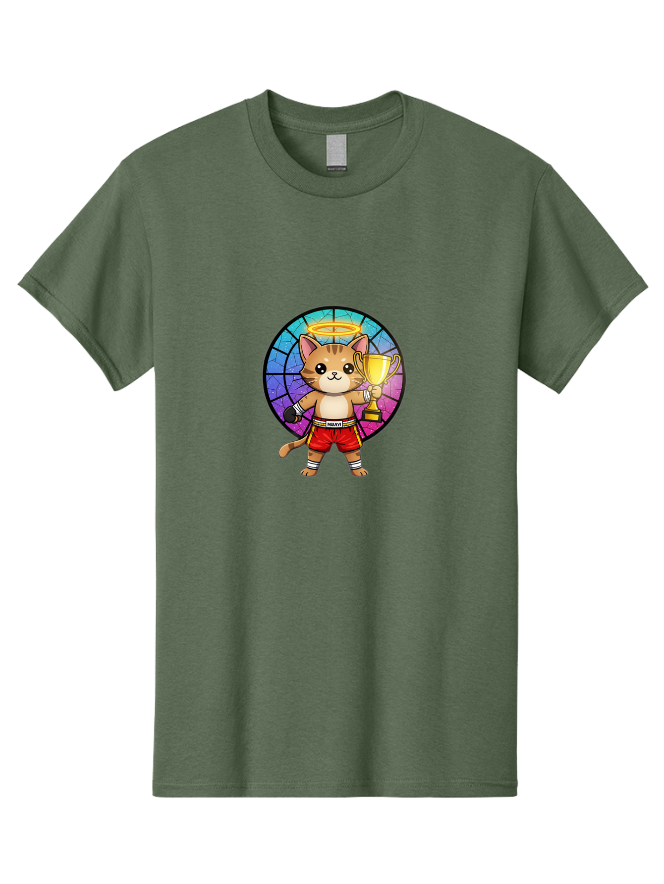 Muay-Cat-1 Men'S Graphic Tee, 100% Cotton, Comfortable Casual Summer Wear, Machine Washable, Cartoon Cat, Muay Thai Fighter, Gold Trophy, Boxing Gloves, Red Shorts, Champion, Victorious, Stained Glass, Halo, Whimsical Design, Funny Kitty, Bae544