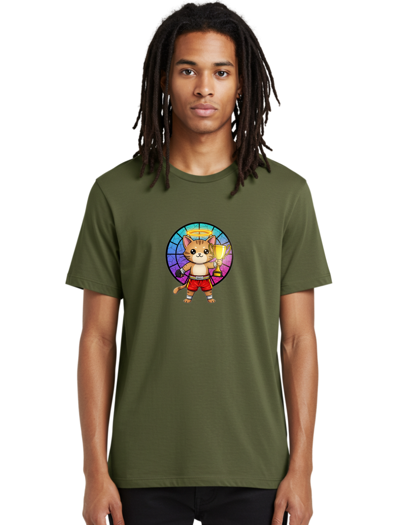 Muay-Cat-1 Men'S Graphic Tee, 100% Cotton, Comfortable Casual Summer Wear, Machine Washable, Cartoon Cat, Muay Thai Fighter, Gold Trophy, Boxing Gloves, Red Shorts, Champion, Victorious, Stained Glass, Halo, Whimsical Design, Funny Kitty, Bae544