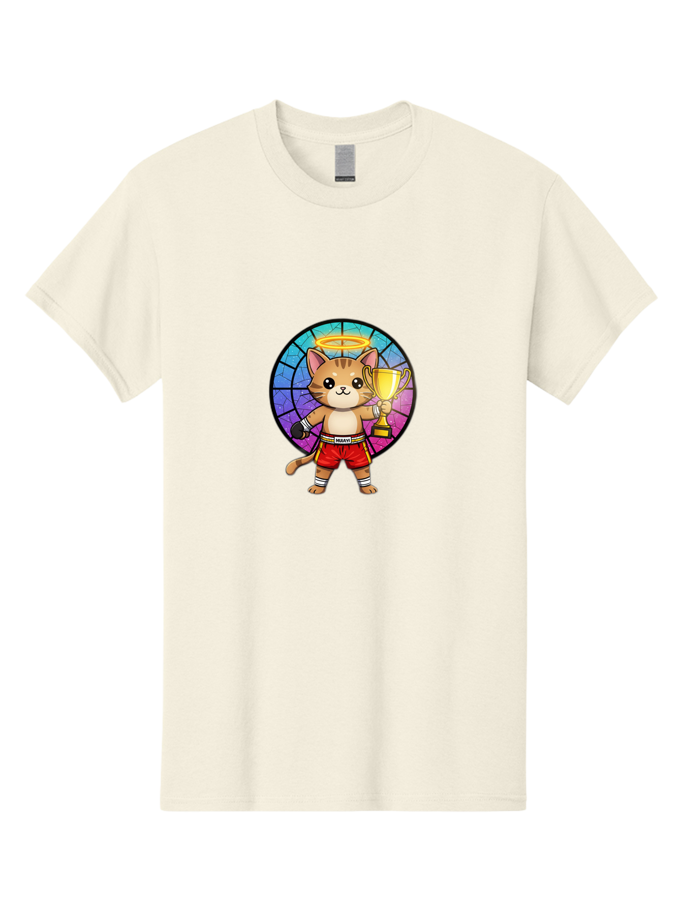 Muay-Cat-1 Men'S Graphic Tee, 100% Cotton, Comfortable Casual Summer Wear, Machine Washable, Cartoon Cat, Muay Thai Fighter, Gold Trophy, Boxing Gloves, Red Shorts, Champion, Victorious, Stained Glass, Halo, Whimsical Design, Funny Kitty, Bae544