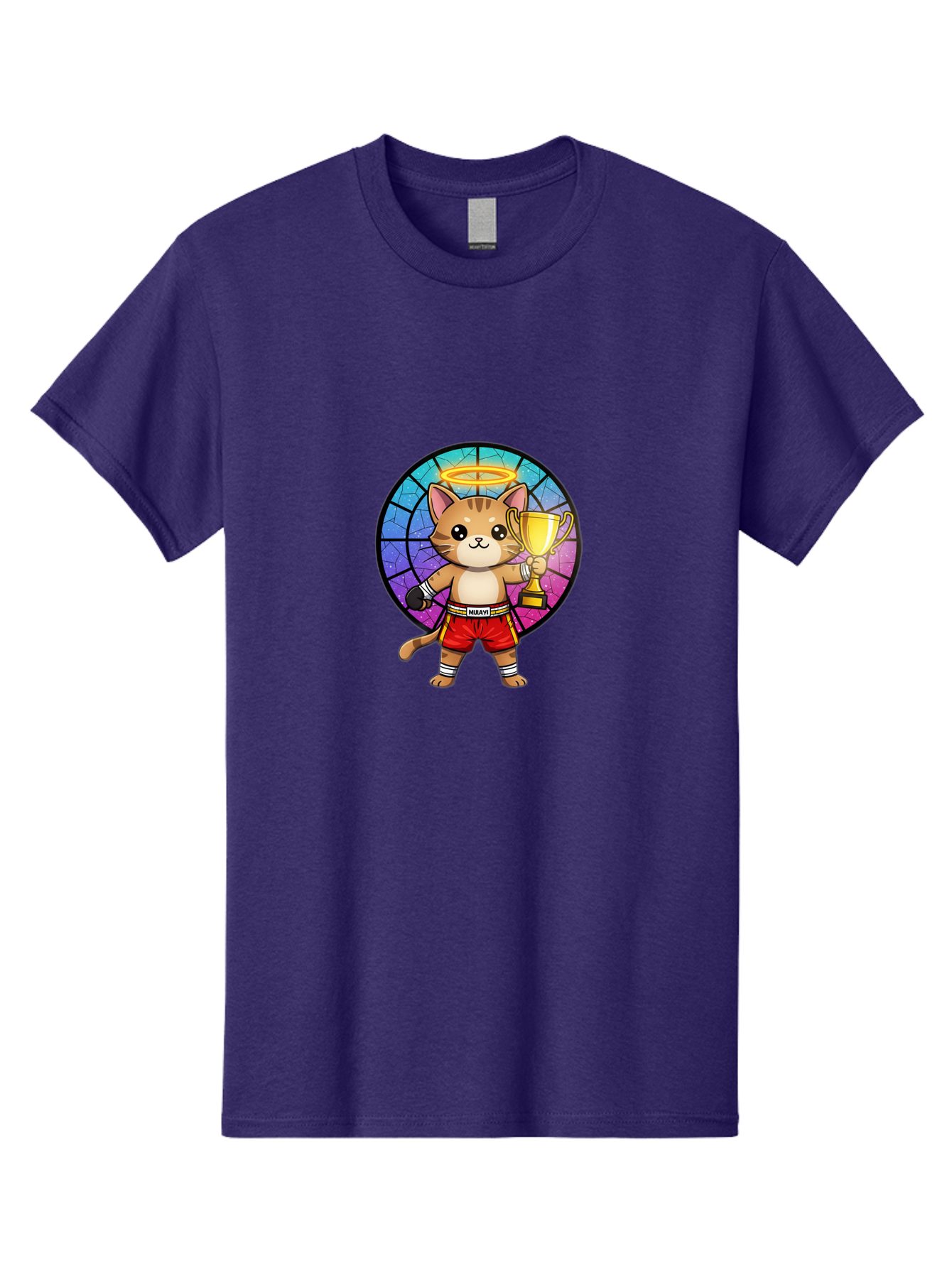 Muay-Cat-1 Men'S Graphic Tee, 100% Cotton, Comfortable Casual Summer Wear, Machine Washable, Cartoon Cat, Muay Thai Fighter, Gold Trophy, Boxing Gloves, Red Shorts, Champion, Victorious, Stained Glass, Halo, Whimsical Design, Funny Kitty, Bae544