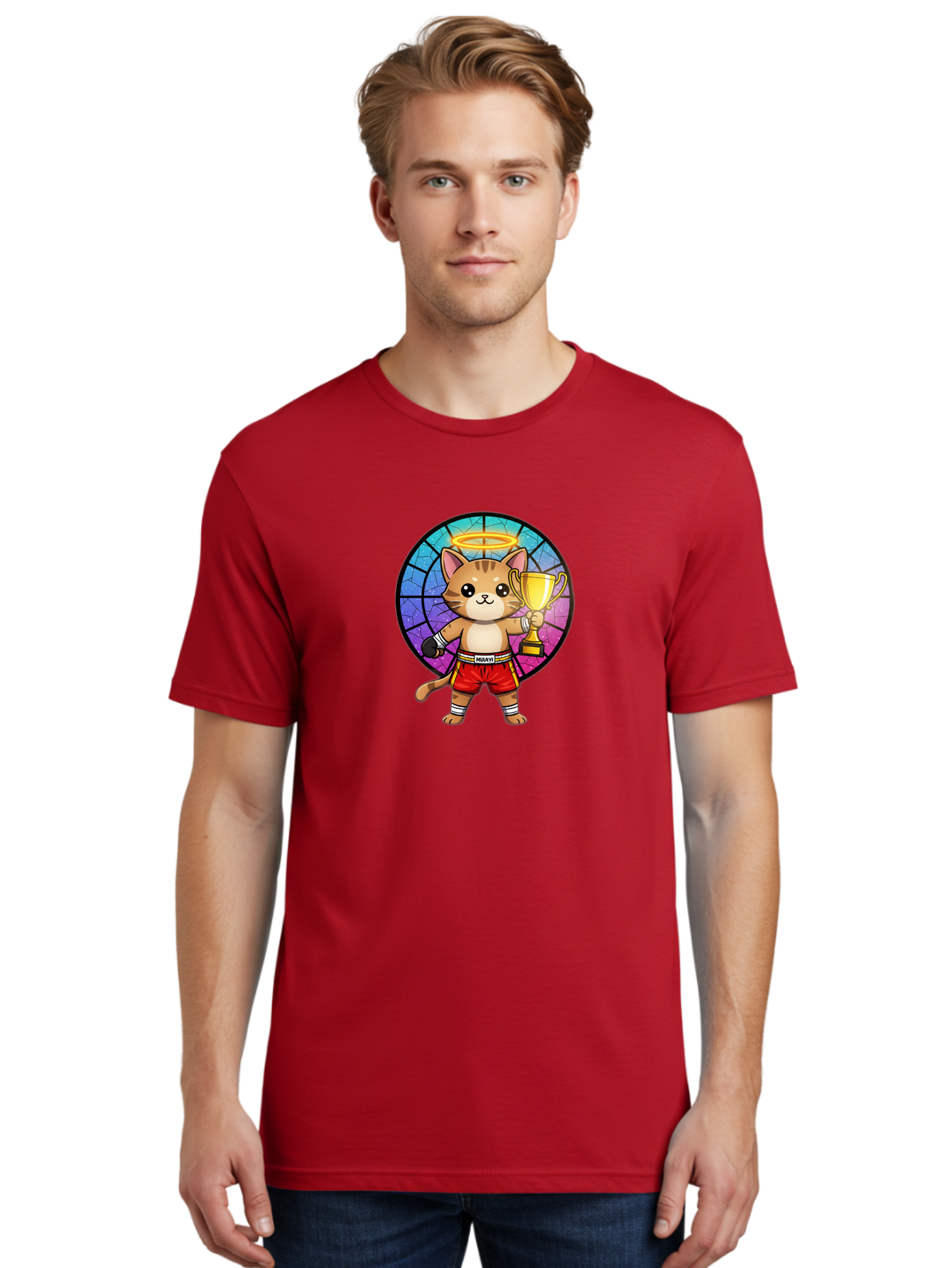 Muay-Cat-1 Men'S Graphic Tee, 100% Cotton, Comfortable Casual Summer Wear, Machine Washable, Cartoon Cat, Muay Thai Fighter, Gold Trophy, Boxing Gloves, Red Shorts, Champion, Victorious, Stained Glass, Halo, Whimsical Design, Funny Kitty, Bae544
