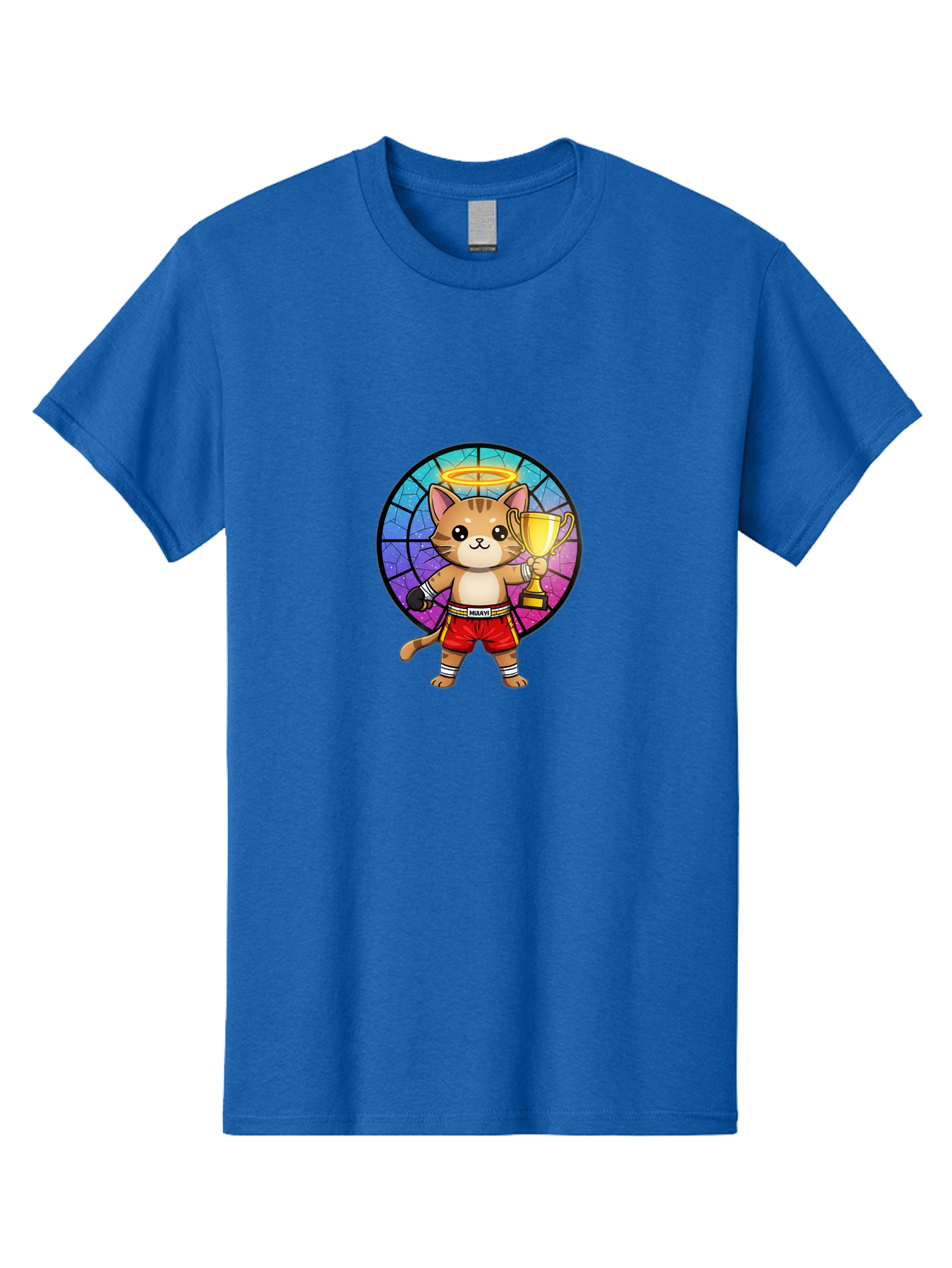Muay-Cat-1 Men'S Graphic Tee, 100% Cotton, Comfortable Casual Summer Wear, Machine Washable, Cartoon Cat, Muay Thai Fighter, Gold Trophy, Boxing Gloves, Red Shorts, Champion, Victorious, Stained Glass, Halo, Whimsical Design, Funny Kitty, Bae544