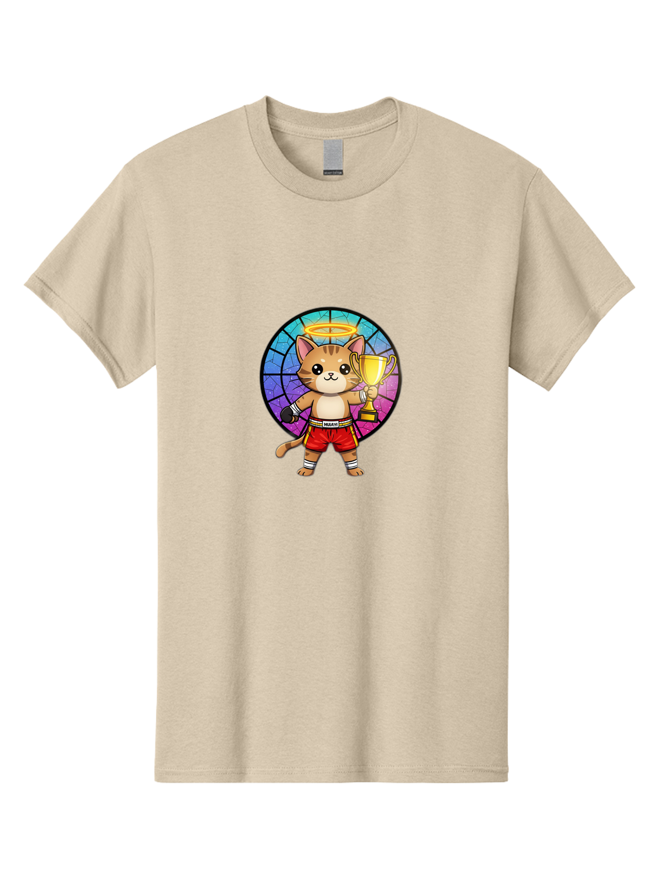 Muay-Cat-1 Men'S Graphic Tee, 100% Cotton, Comfortable Casual Summer Wear, Machine Washable, Cartoon Cat, Muay Thai Fighter, Gold Trophy, Boxing Gloves, Red Shorts, Champion, Victorious, Stained Glass, Halo, Whimsical Design, Funny Kitty, Bae544