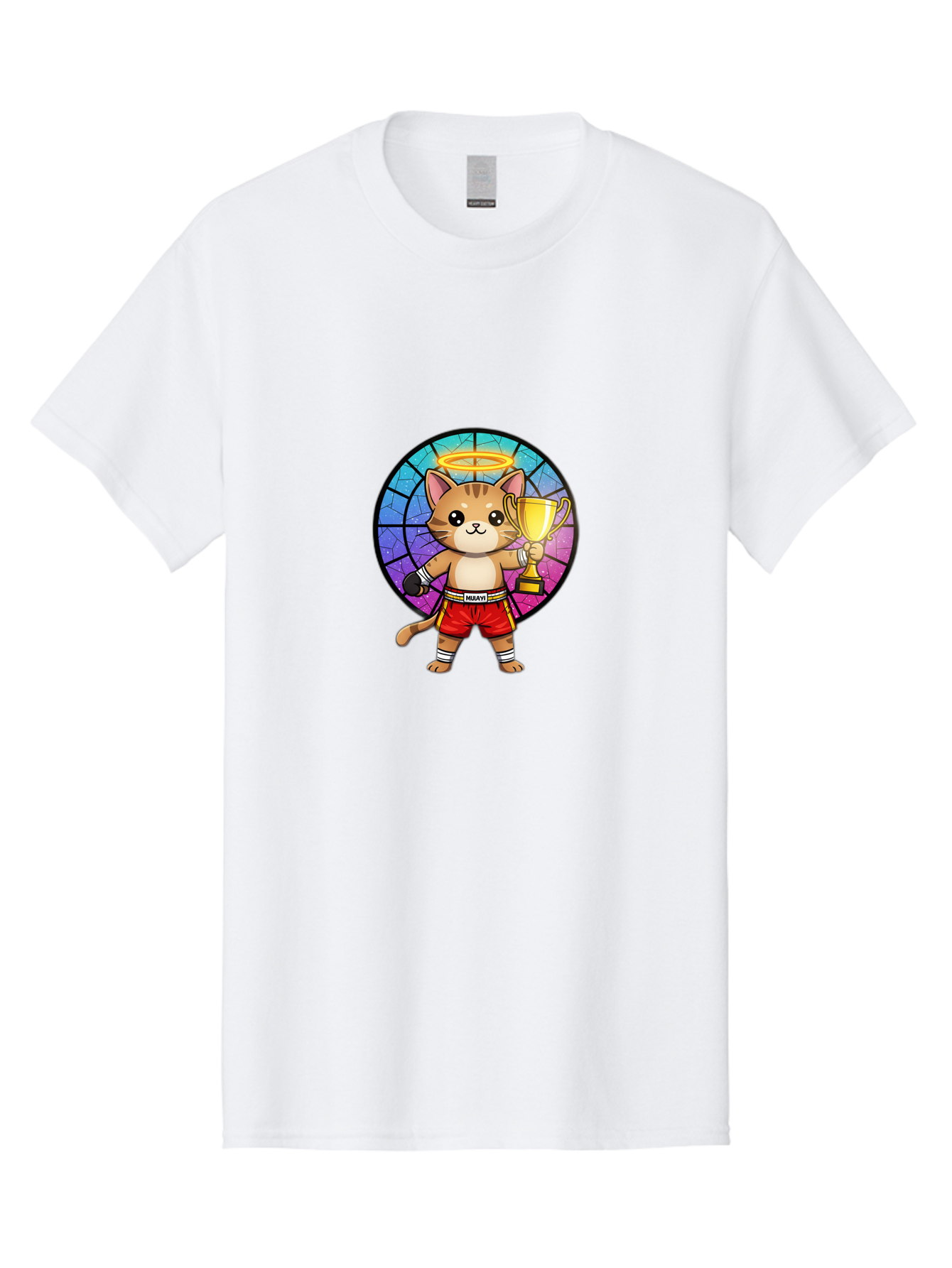 Muay-Cat-1 Men'S Graphic Tee, 100% Cotton, Comfortable Casual Summer Wear, Machine Washable, Cartoon Cat, Muay Thai Fighter, Gold Trophy, Boxing Gloves, Red Shorts, Champion, Victorious, Stained Glass, Halo, Whimsical Design, Funny Kitty, Bae544