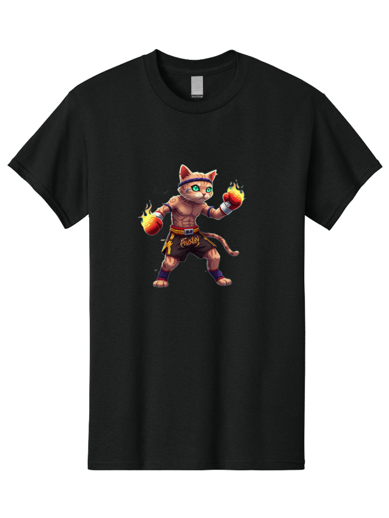 Muay-Cat-2 Men'S Graphic Tee, 100% Cotton, Comfortable Casual Summer Wear, Machine Washable, Boxing Cat, Martial Arts, Muay Thai, Fighting Cat, Cartoon Character, Muscular Cat, Green Eyes, Boxing Gloves With Flames, Sports Illustration, Bae545