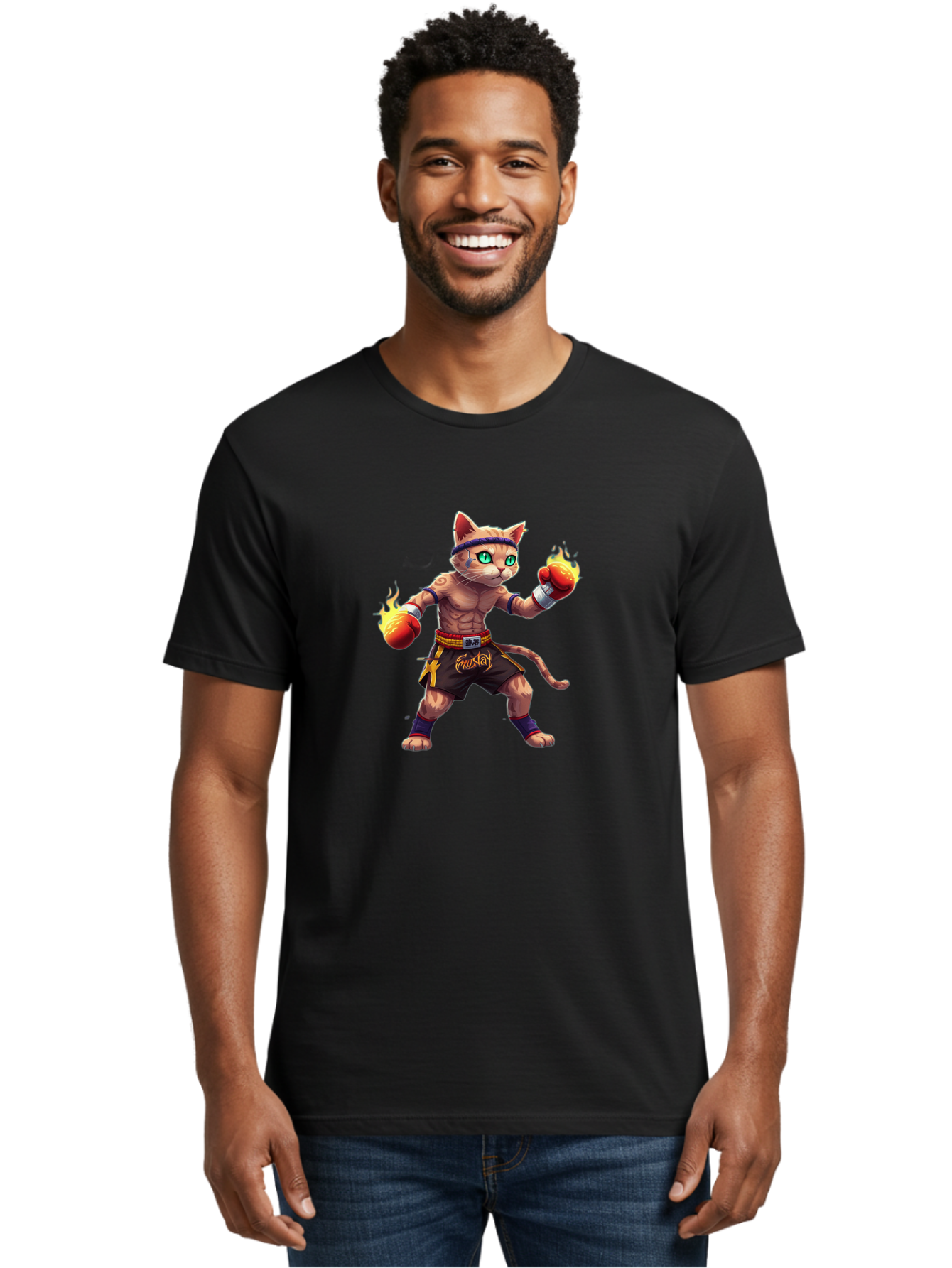 Muay-Cat-2 Men'S Graphic Tee, 100% Cotton, Comfortable Casual Summer Wear, Machine Washable, Boxing Cat, Martial Arts, Muay Thai, Fighting Cat, Cartoon Character, Muscular Cat, Green Eyes, Boxing Gloves With Flames, Sports Illustration, Bae545