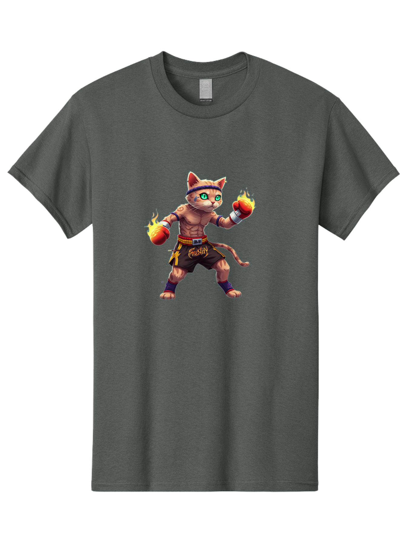 Muay-Cat-2 Men'S Graphic Tee, 100% Cotton, Comfortable Casual Summer Wear, Machine Washable, Boxing Cat, Martial Arts, Muay Thai, Fighting Cat, Cartoon Character, Muscular Cat, Green Eyes, Boxing Gloves With Flames, Sports Illustration, Bae545