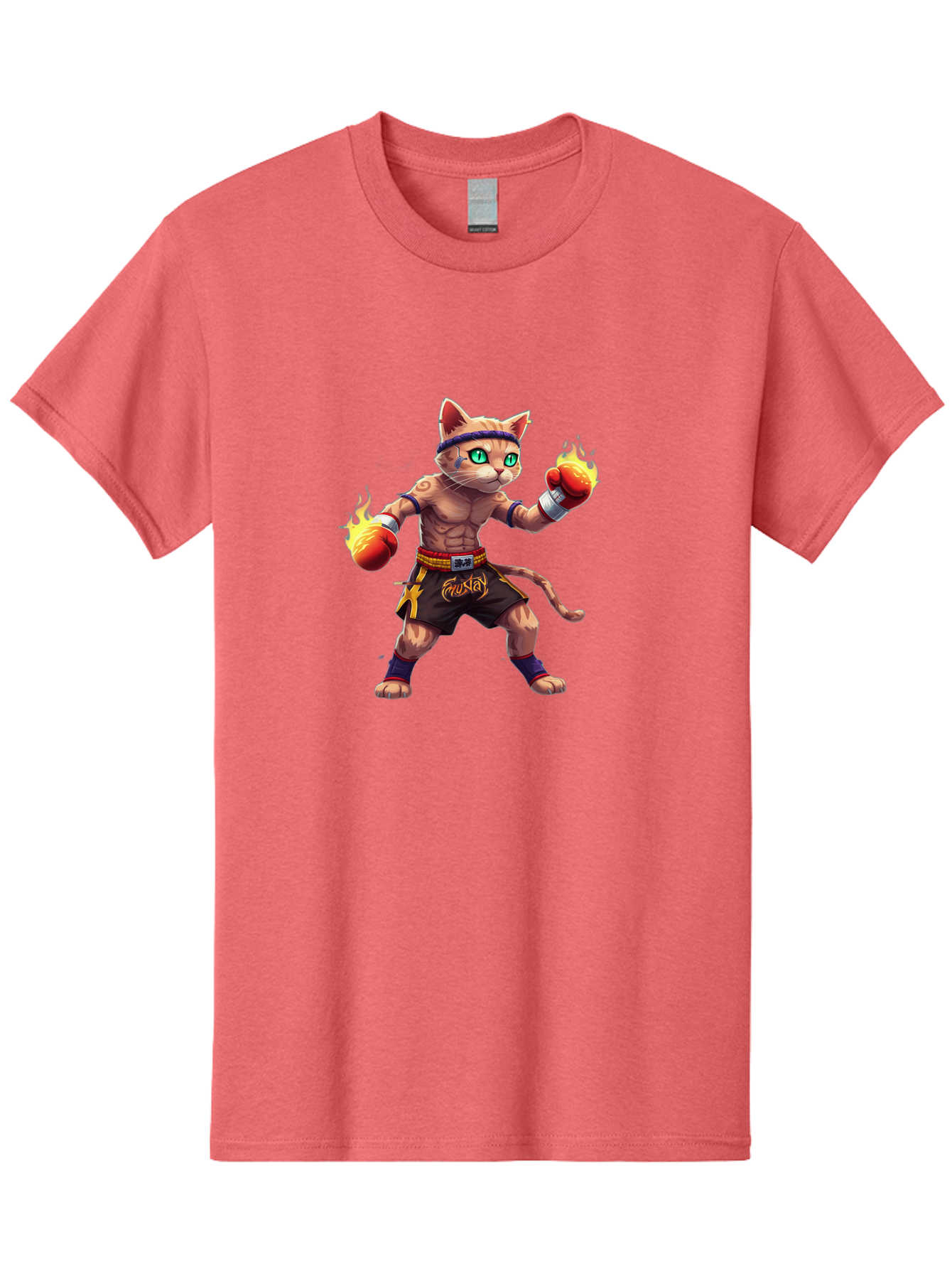 Muay-Cat-2 Men'S Graphic Tee, 100% Cotton, Comfortable Casual Summer Wear, Machine Washable, Boxing Cat, Martial Arts, Muay Thai, Fighting Cat, Cartoon Character, Muscular Cat, Green Eyes, Boxing Gloves With Flames, Sports Illustration, Bae545