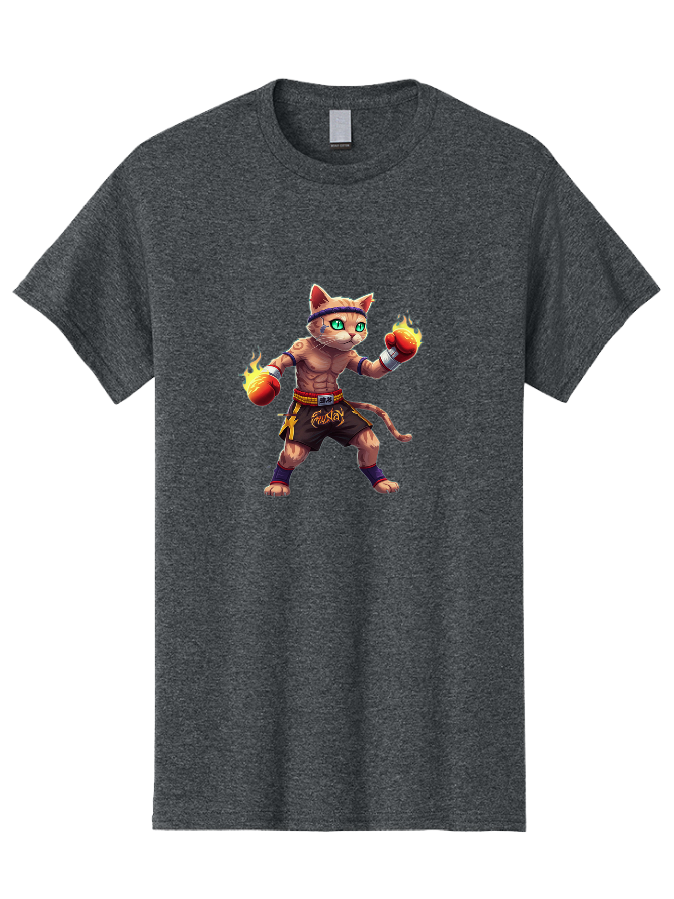 Muay-Cat-2 Men'S Graphic Tee, 100% Cotton, Comfortable Casual Summer Wear, Machine Washable, Boxing Cat, Martial Arts, Muay Thai, Fighting Cat, Cartoon Character, Muscular Cat, Green Eyes, Boxing Gloves With Flames, Sports Illustration, Bae545