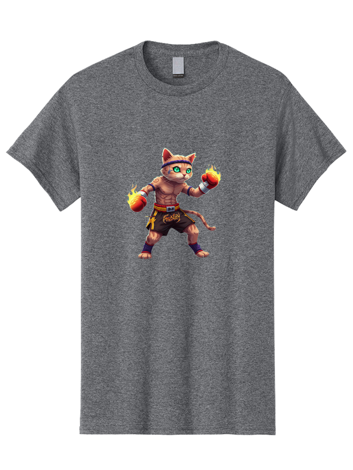 Muay-Cat-2 Men'S Graphic Tee, 100% Cotton, Comfortable Casual Summer Wear, Machine Washable, Boxing Cat, Martial Arts, Muay Thai, Fighting Cat, Cartoon Character, Muscular Cat, Green Eyes, Boxing Gloves With Flames, Sports Illustration, Bae545