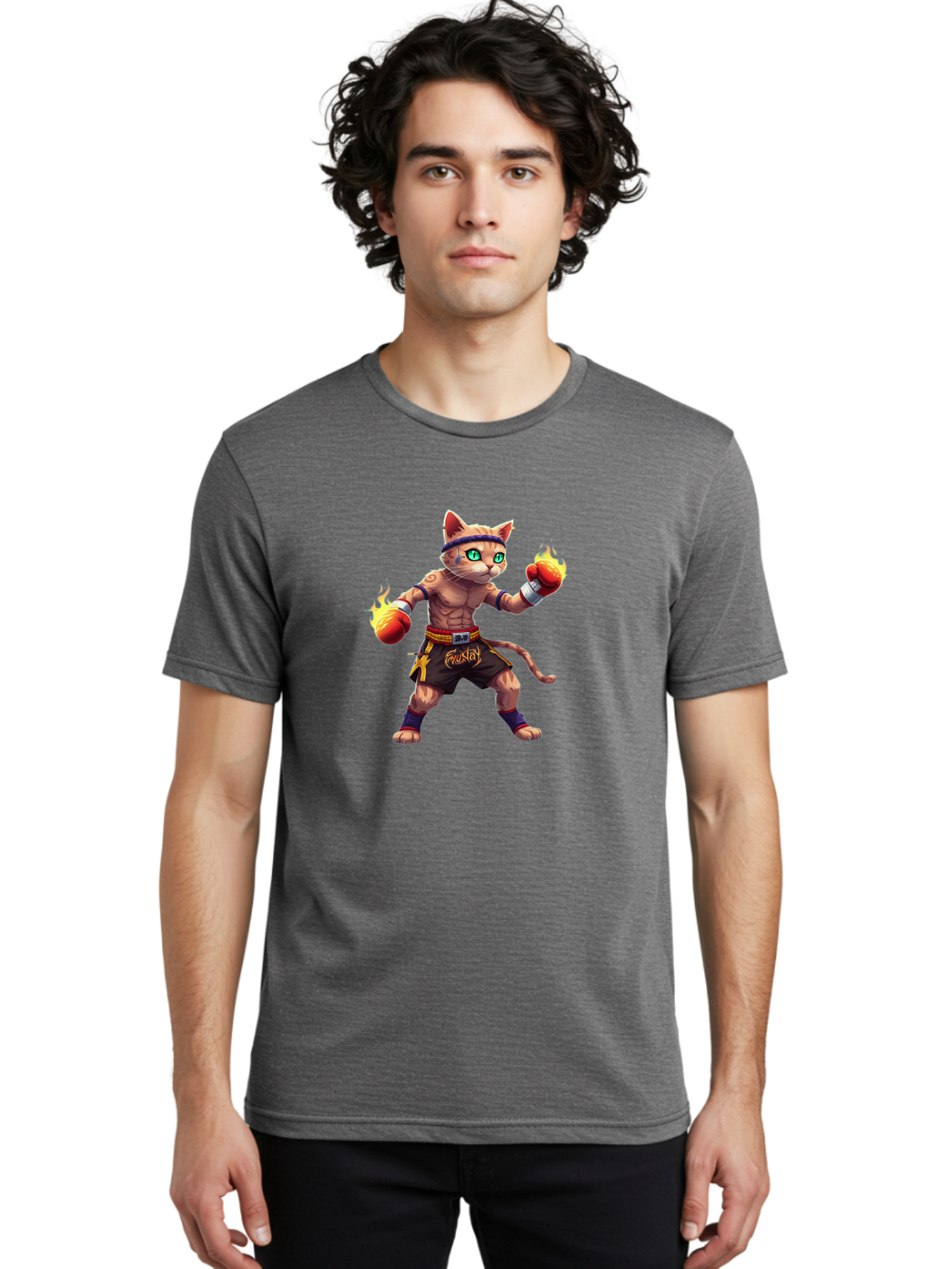 Muay-Cat-2 Men'S Graphic Tee, 100% Cotton, Comfortable Casual Summer Wear, Machine Washable, Boxing Cat, Martial Arts, Muay Thai, Fighting Cat, Cartoon Character, Muscular Cat, Green Eyes, Boxing Gloves With Flames, Sports Illustration, Bae545