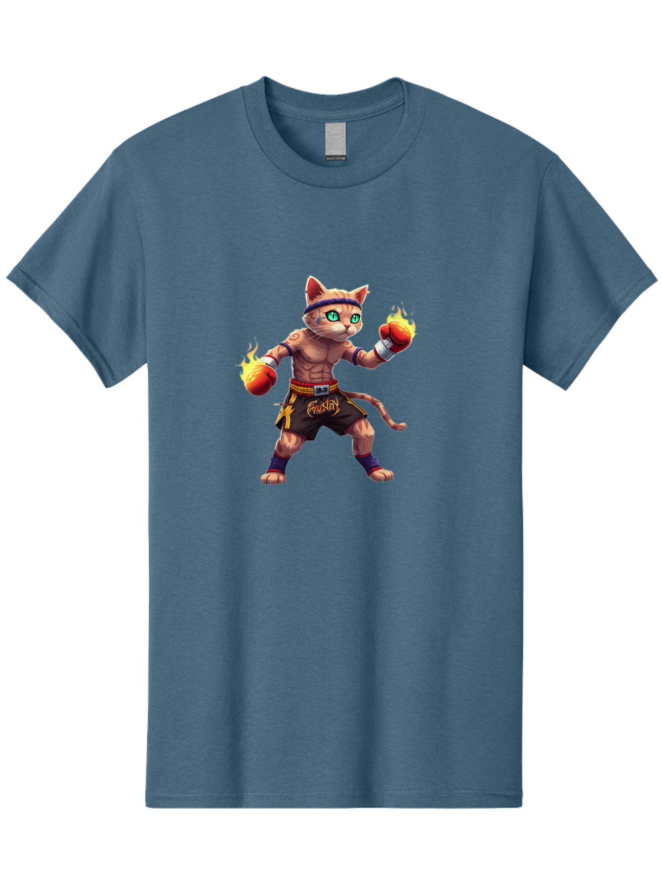 Muay-Cat-2 Men'S Graphic Tee, 100% Cotton, Comfortable Casual Summer Wear, Machine Washable, Boxing Cat, Martial Arts, Muay Thai, Fighting Cat, Cartoon Character, Muscular Cat, Green Eyes, Boxing Gloves With Flames, Sports Illustration, Bae545