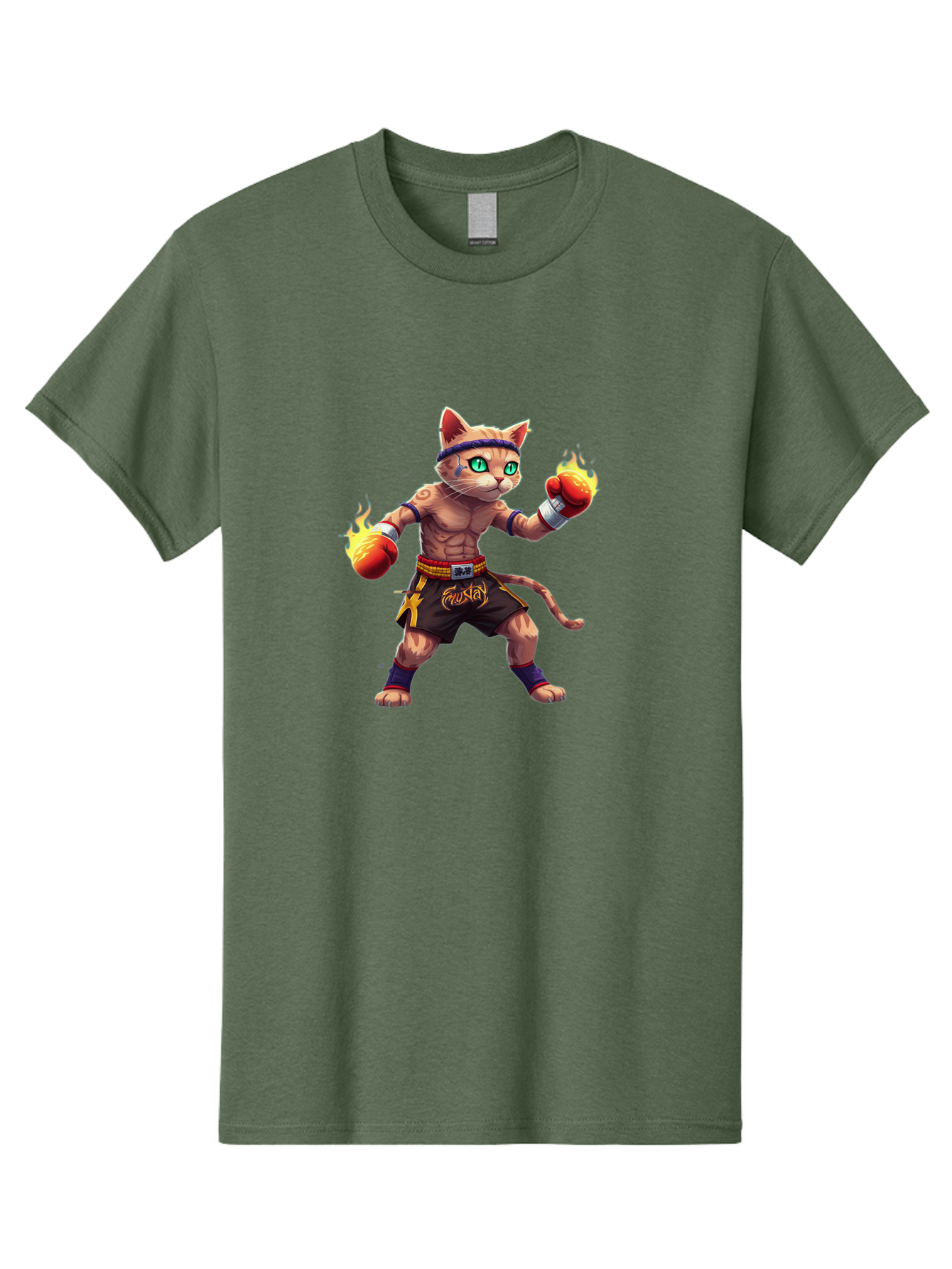 Muay-Cat-2 Men'S Graphic Tee, 100% Cotton, Comfortable Casual Summer Wear, Machine Washable, Boxing Cat, Martial Arts, Muay Thai, Fighting Cat, Cartoon Character, Muscular Cat, Green Eyes, Boxing Gloves With Flames, Sports Illustration, Bae545